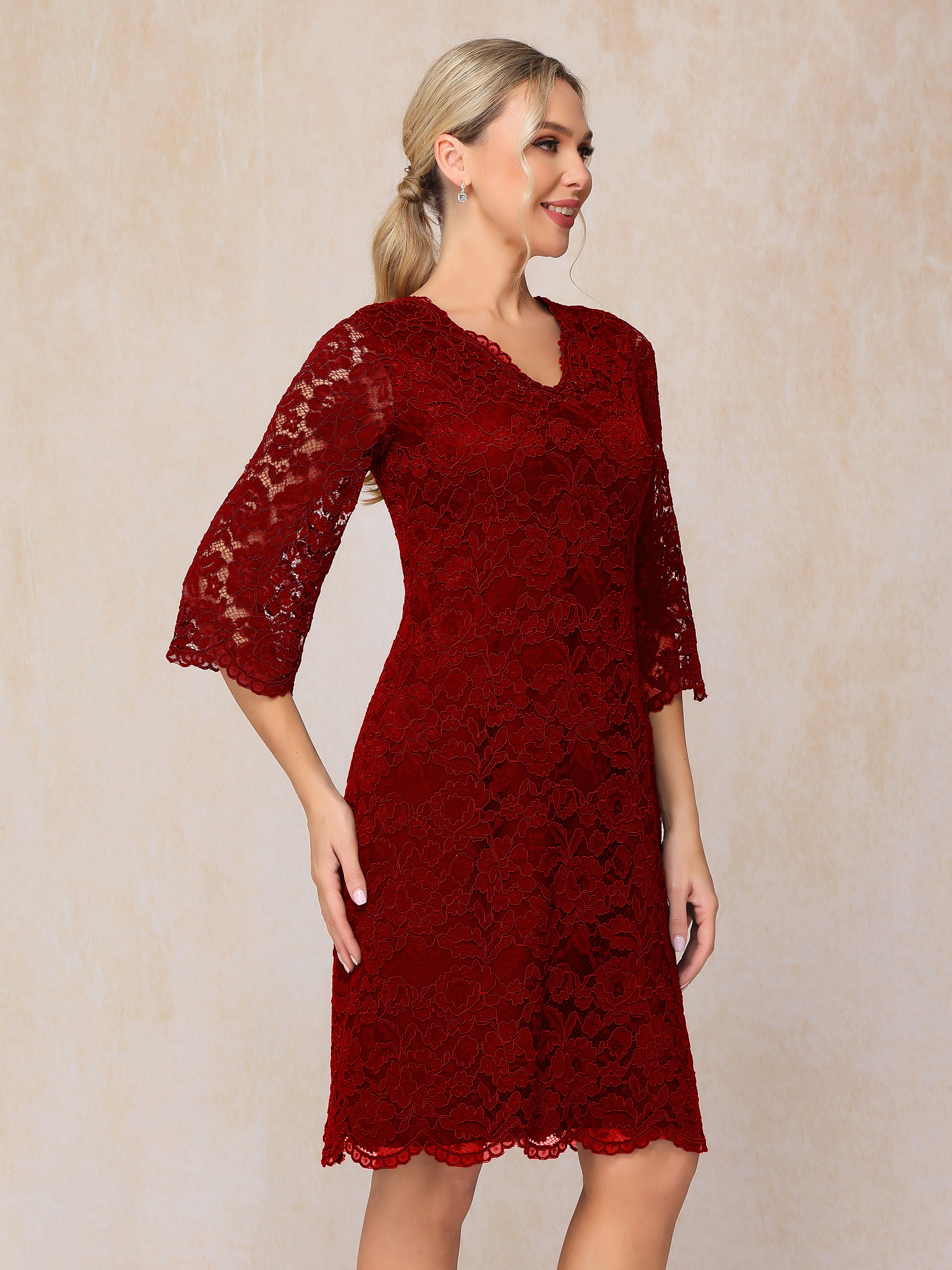 3/4 Sleeves Knee Length Lace Mother Of The Bride Dress