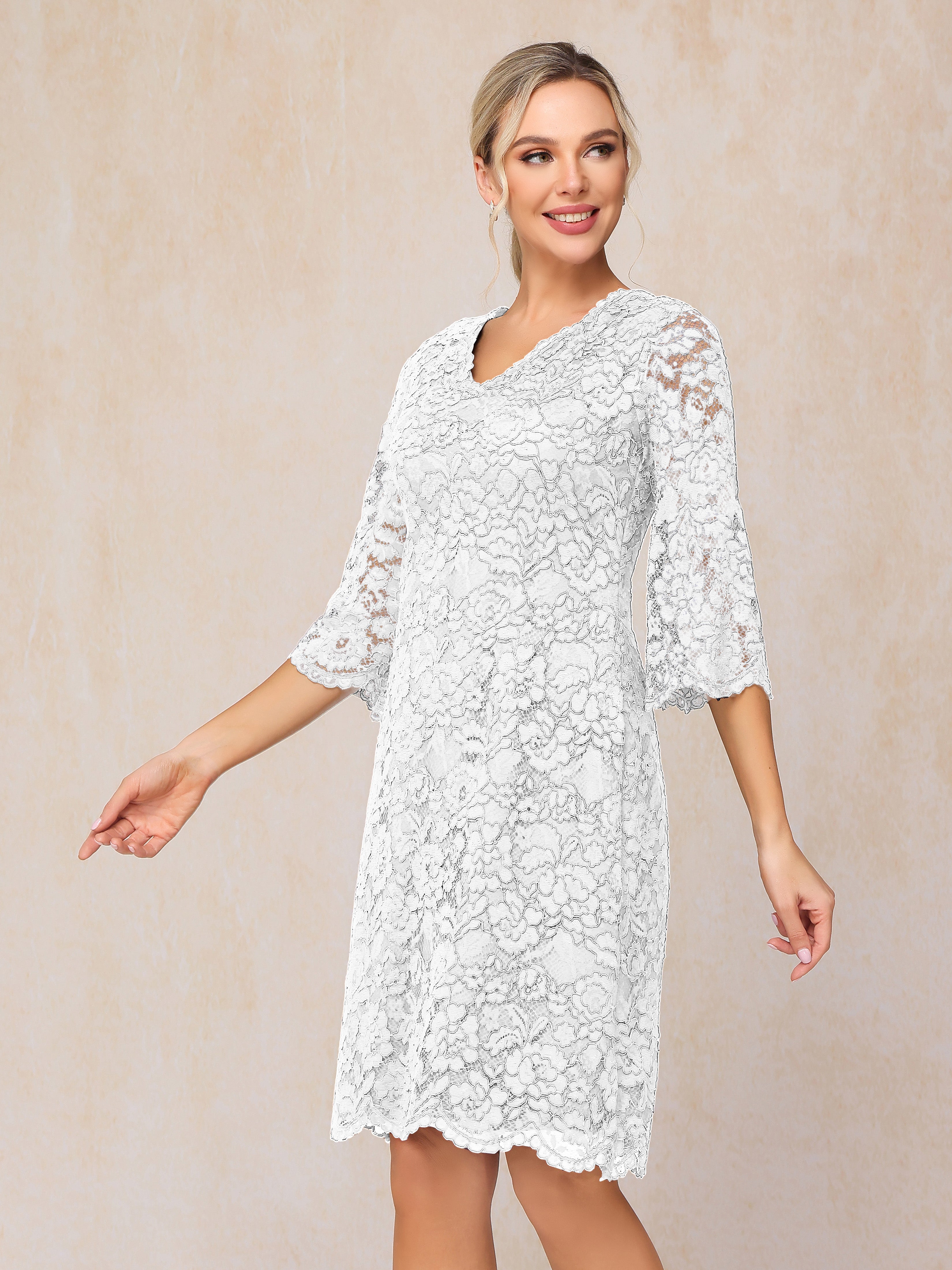 3/4 Sleeves Knee Length Lace Mother Of The Bride Dress