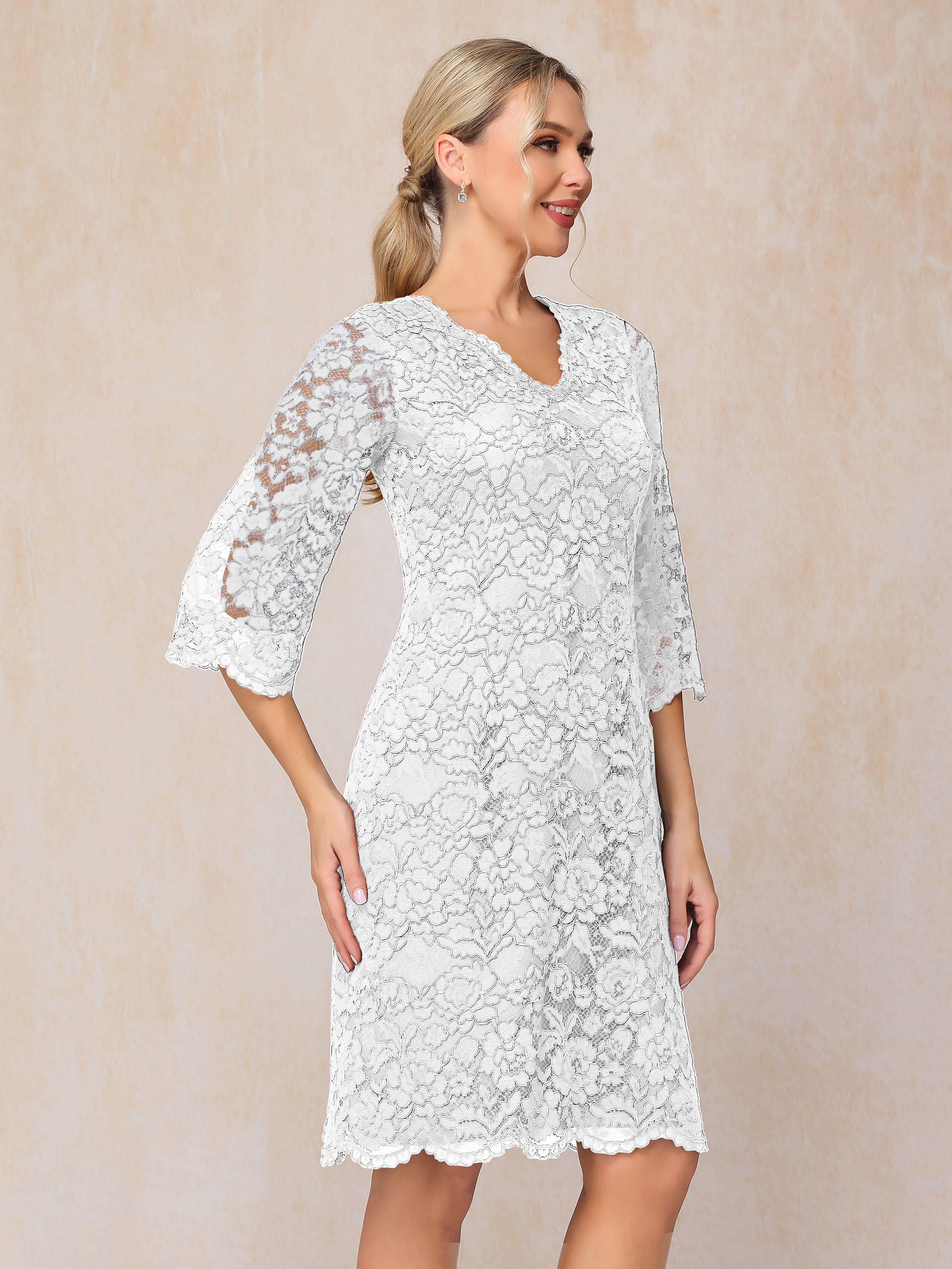 3/4 Sleeves Knee Length Lace Mother Of The Bride Dress