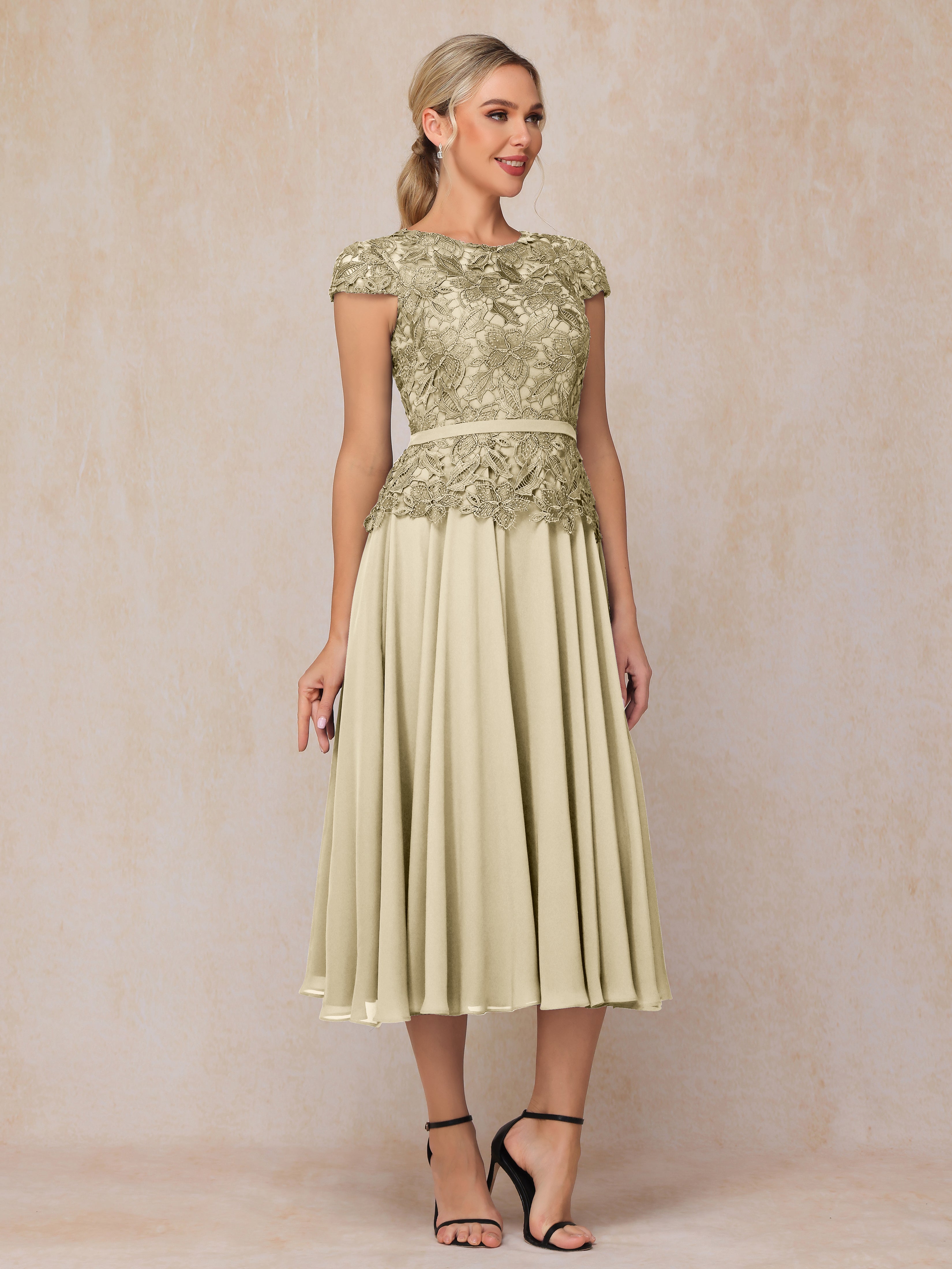 Cap Sleeves Tea Length Chiffon Mother Of The  Groom Dress