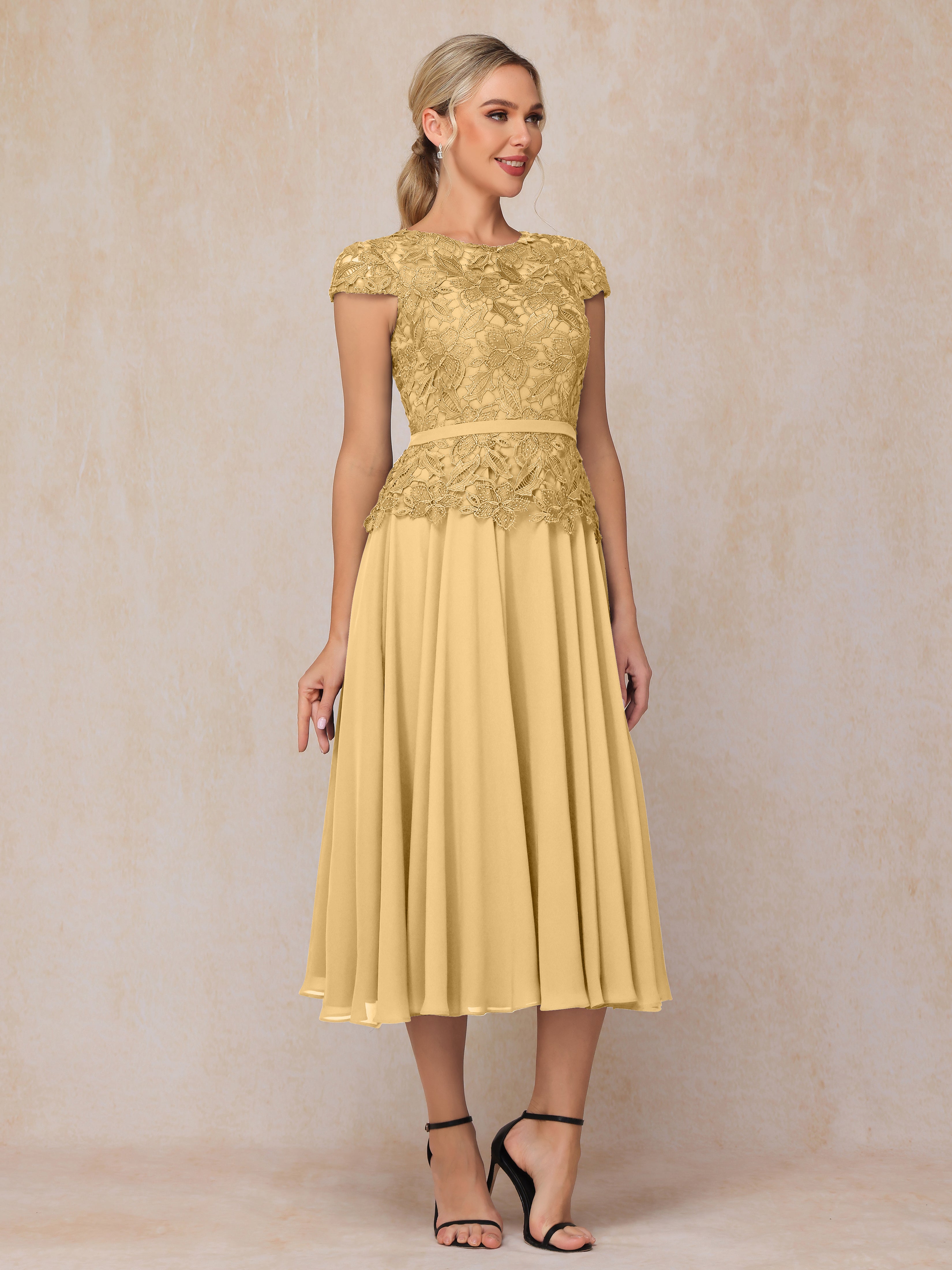 Cap Sleeves Tea Length Chiffon Mother Of The  Groom Dress