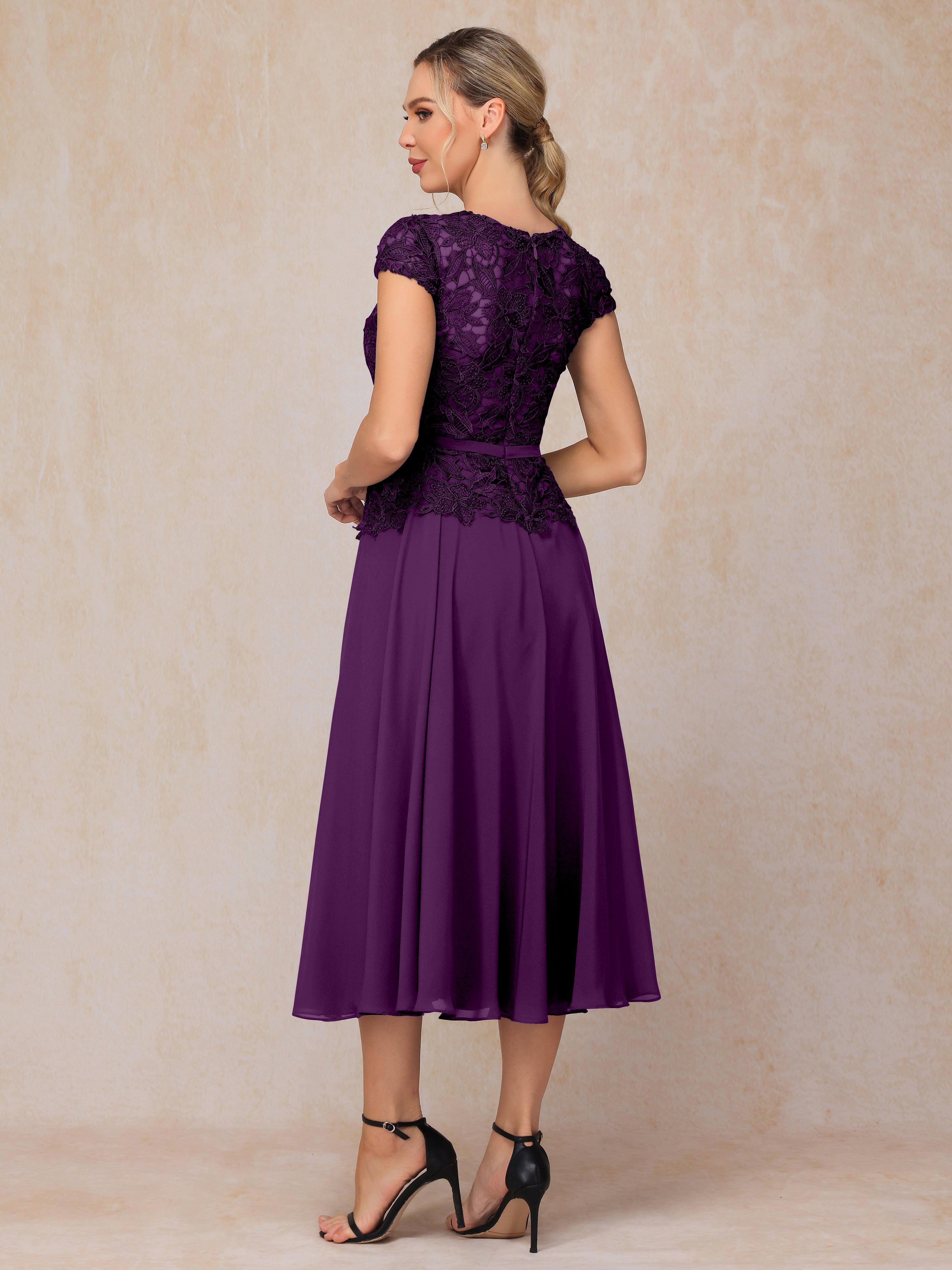 Cap Sleeves Tea Length Chiffon Mother Of The  Groom Dress