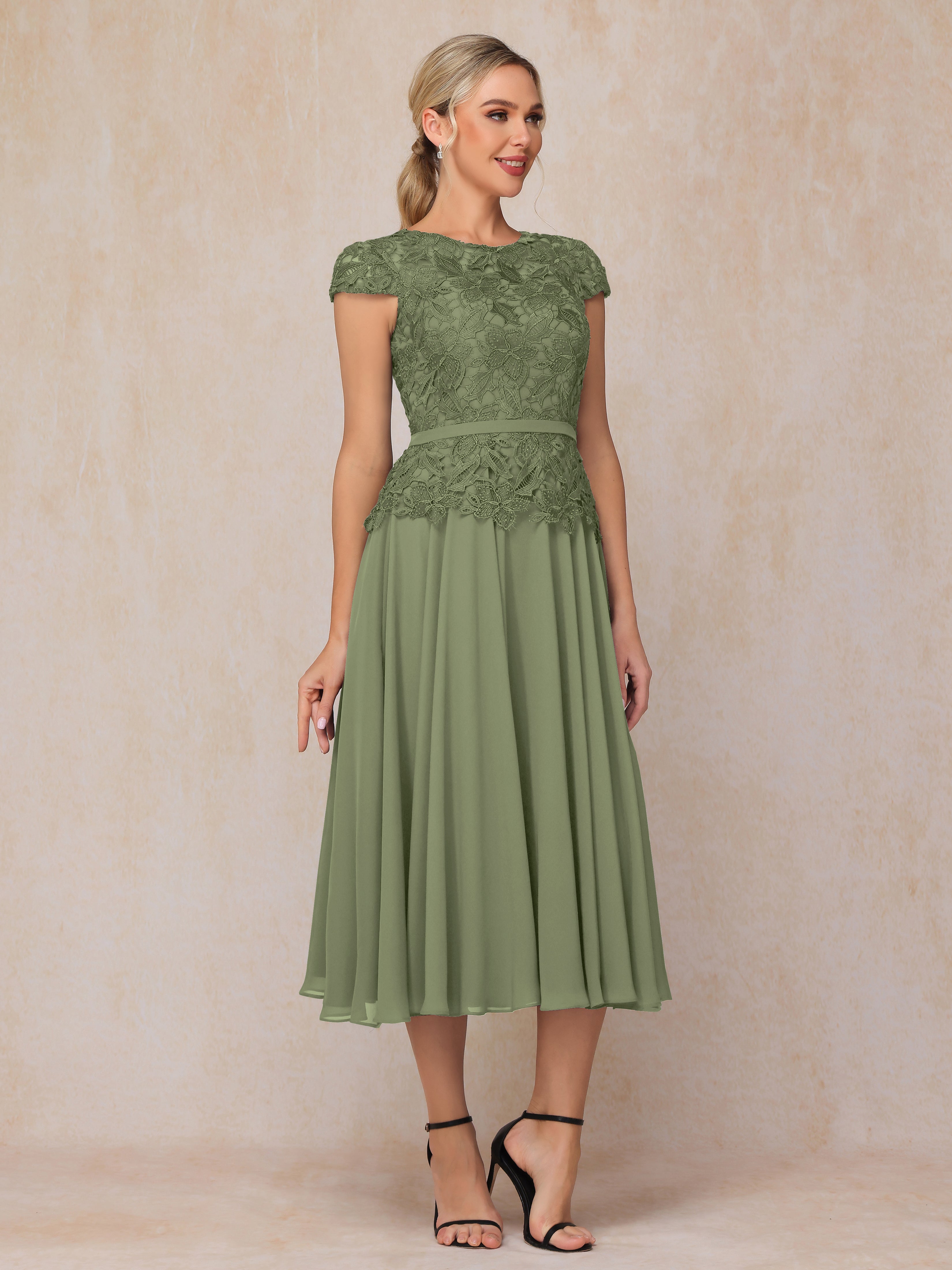 Cap Sleeves Tea Length Chiffon Mother Of The  Groom Dress