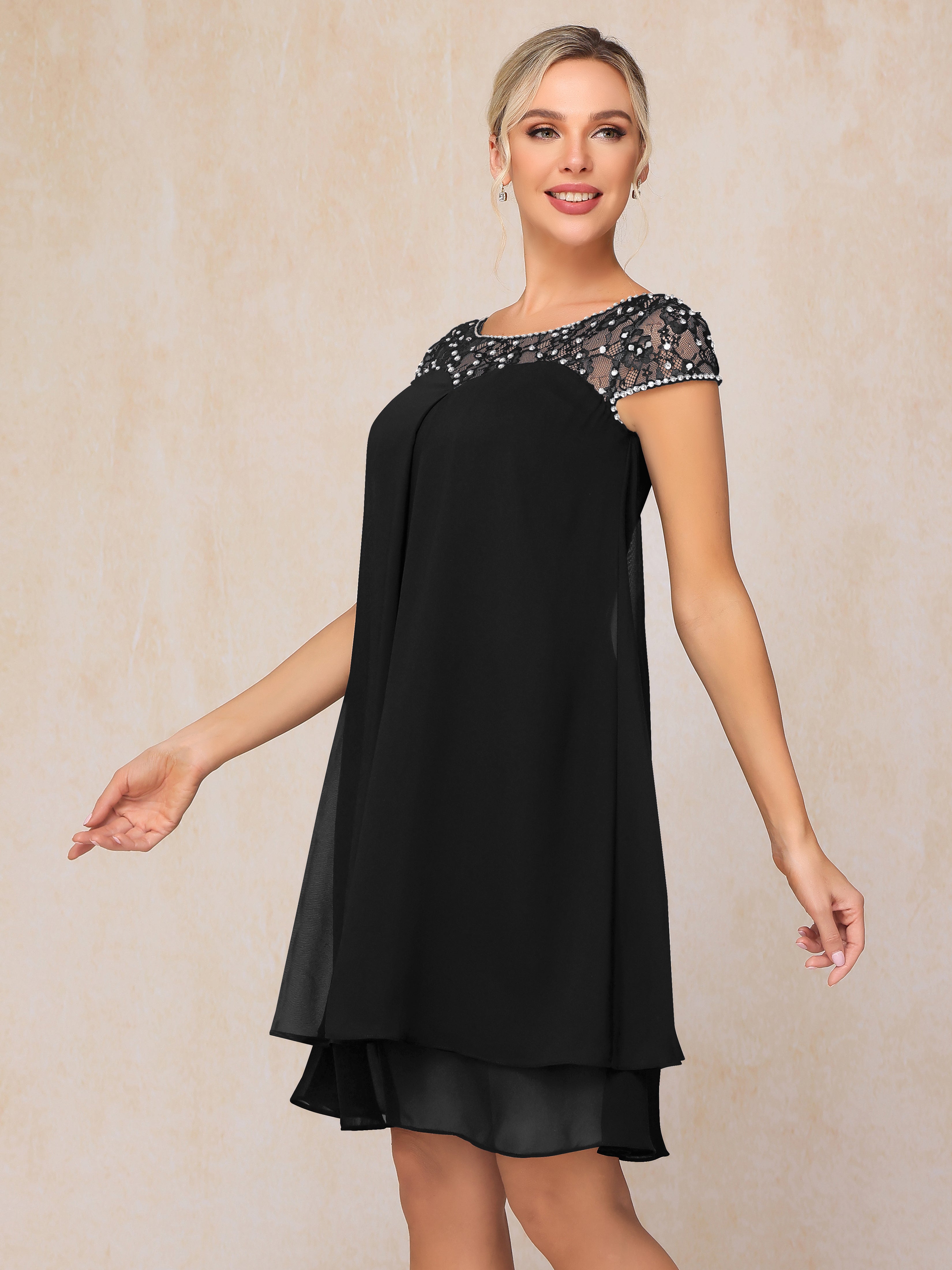 Cap Sleeves Beading Knee Length Chiffon Lace Mother Of The  Groom Dress