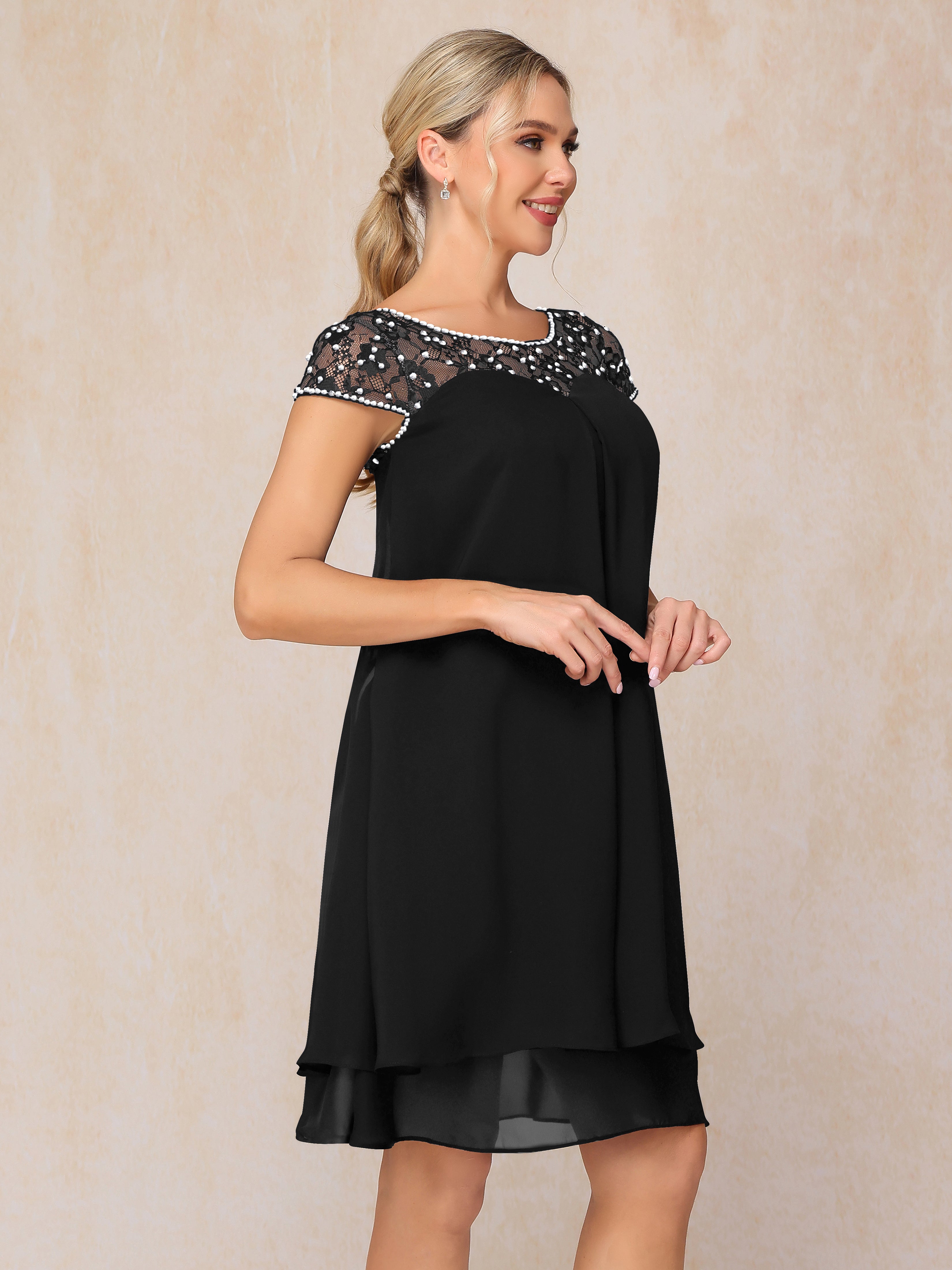 Cap Sleeves Beading Knee Length Chiffon Lace Mother Of The Bride Dress