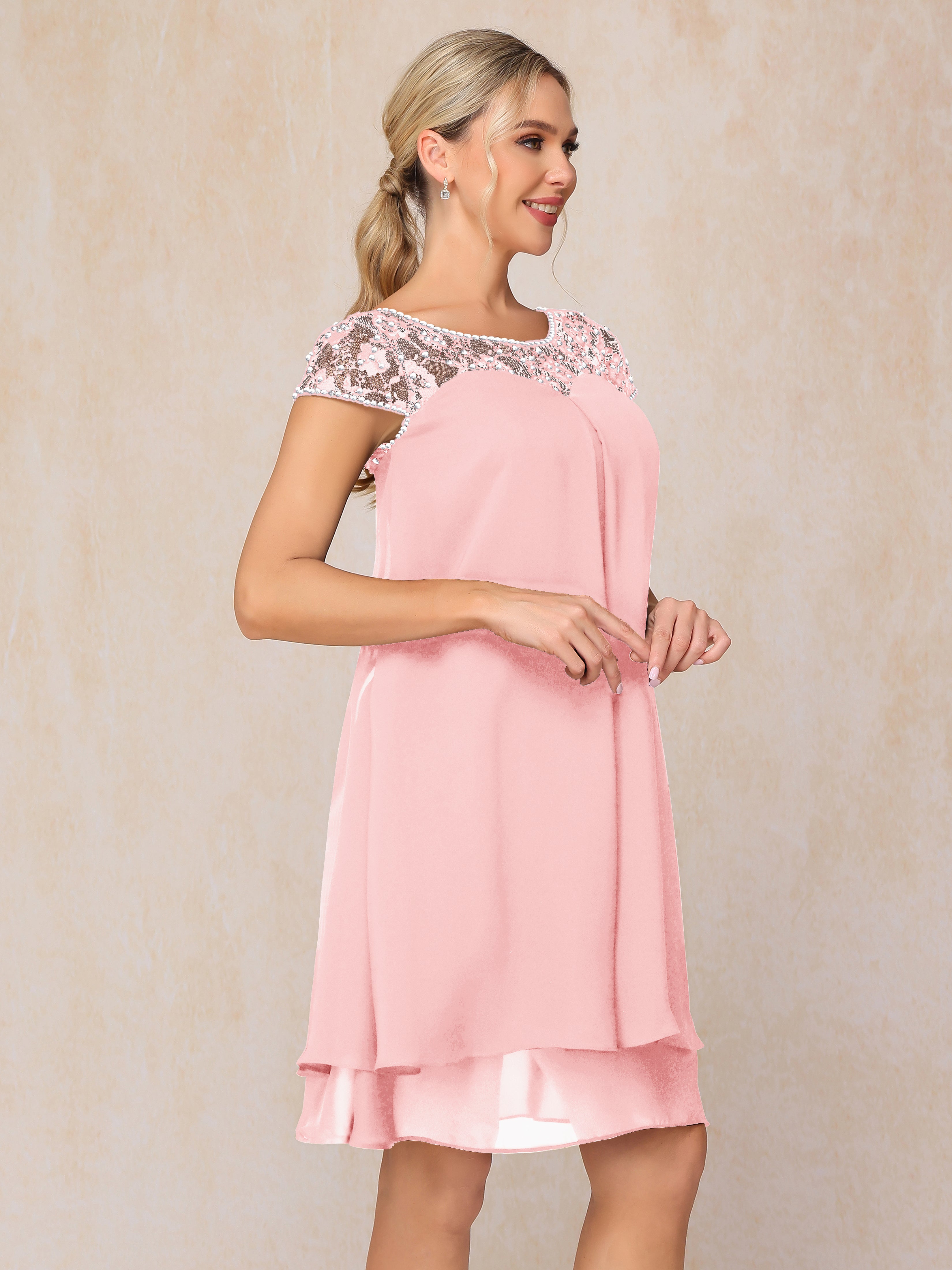 Cap Sleeves Beading Knee Length Chiffon Lace Mother Of The Bride Dress