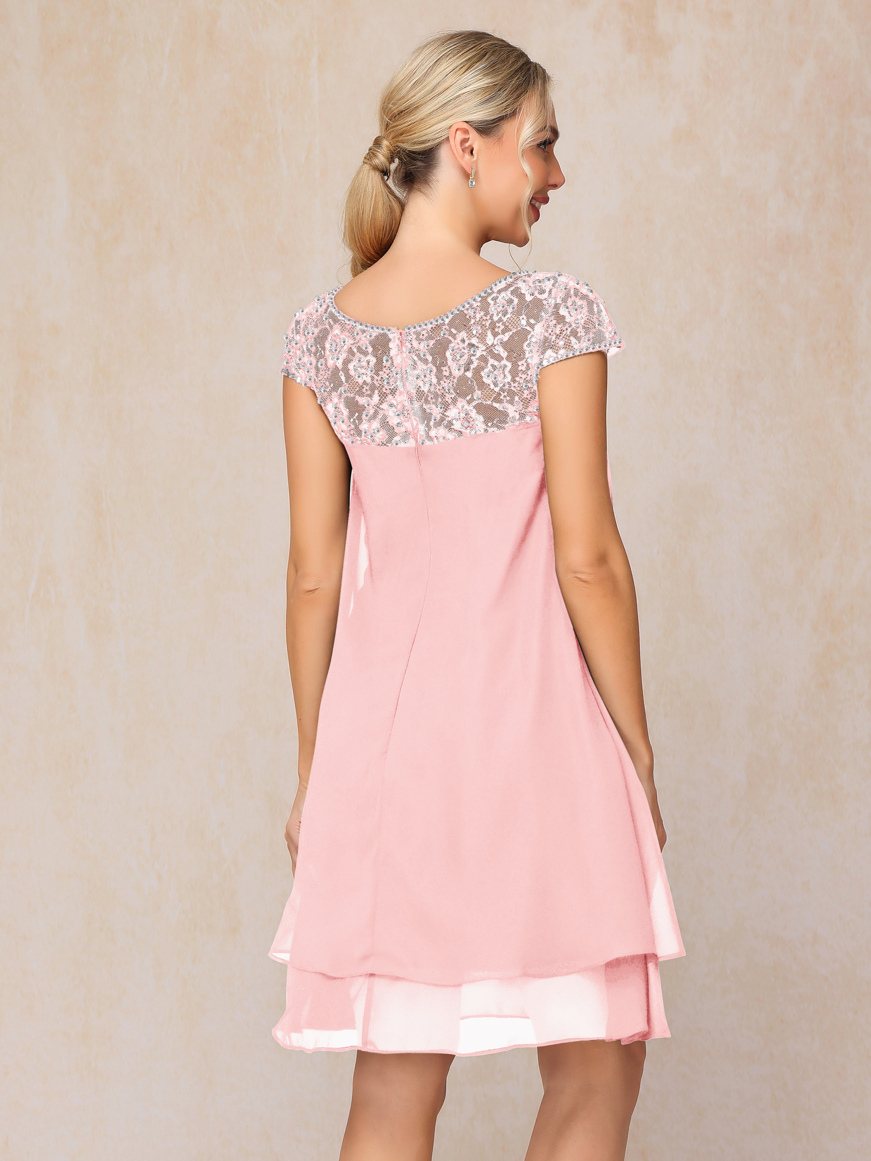 Cap Sleeves Beading Knee Length Chiffon Lace Mother Of The  Groom Dress