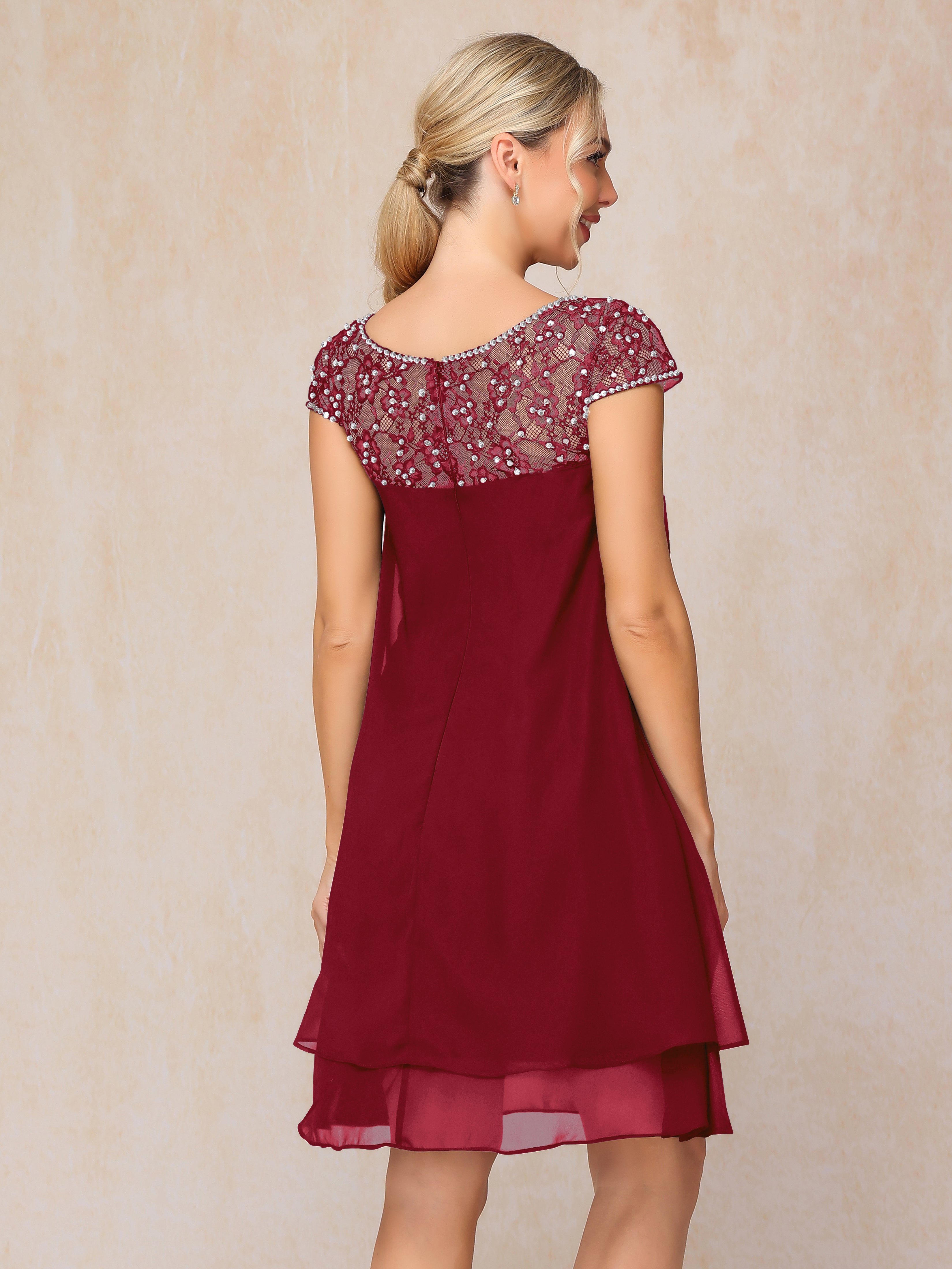 Cap Sleeves Beading Knee Length Chiffon Lace Mother Of The Bride Dress