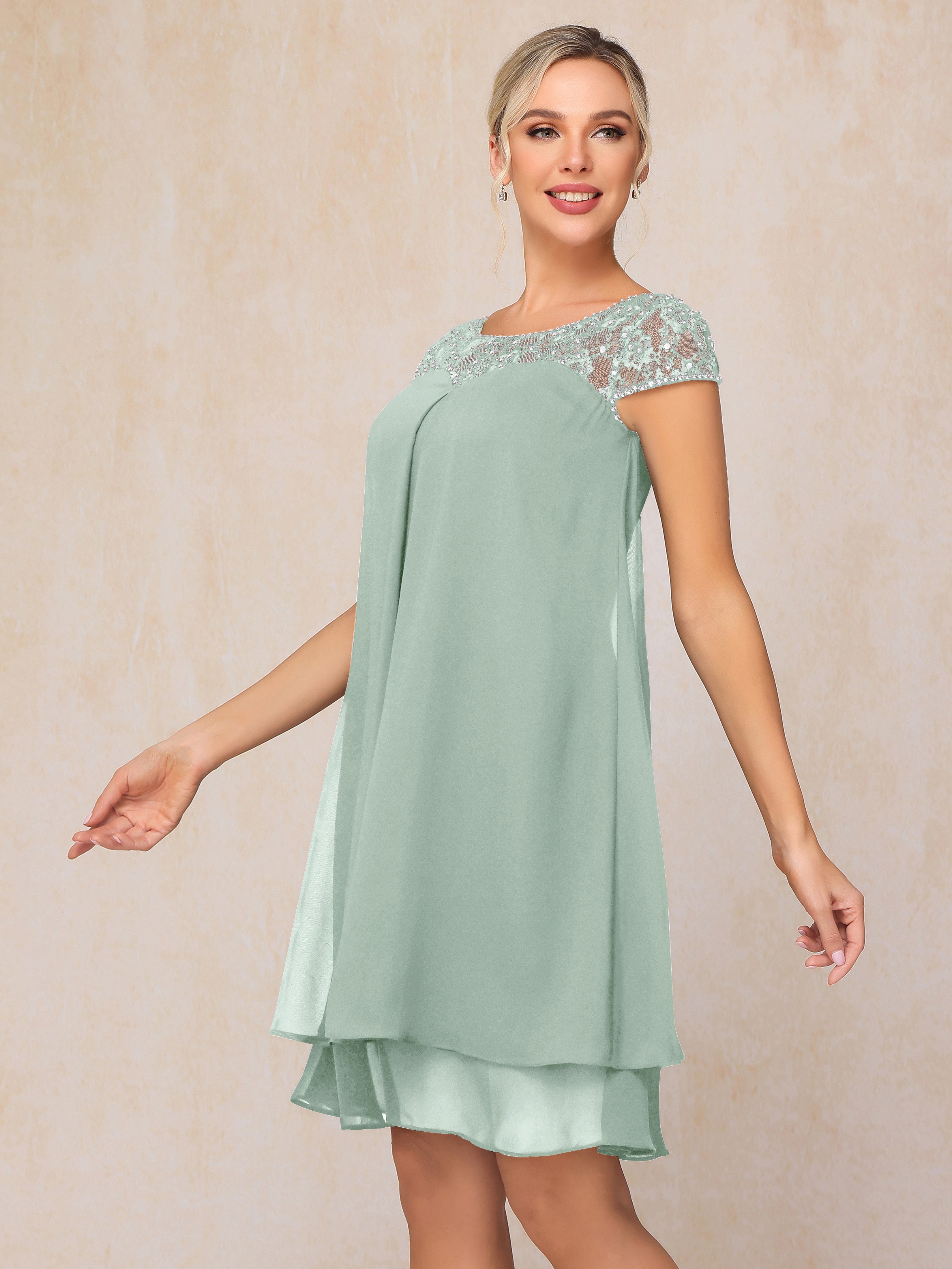 Cap Sleeves Beading Knee Length Chiffon Lace Mother Of The Bride Dress