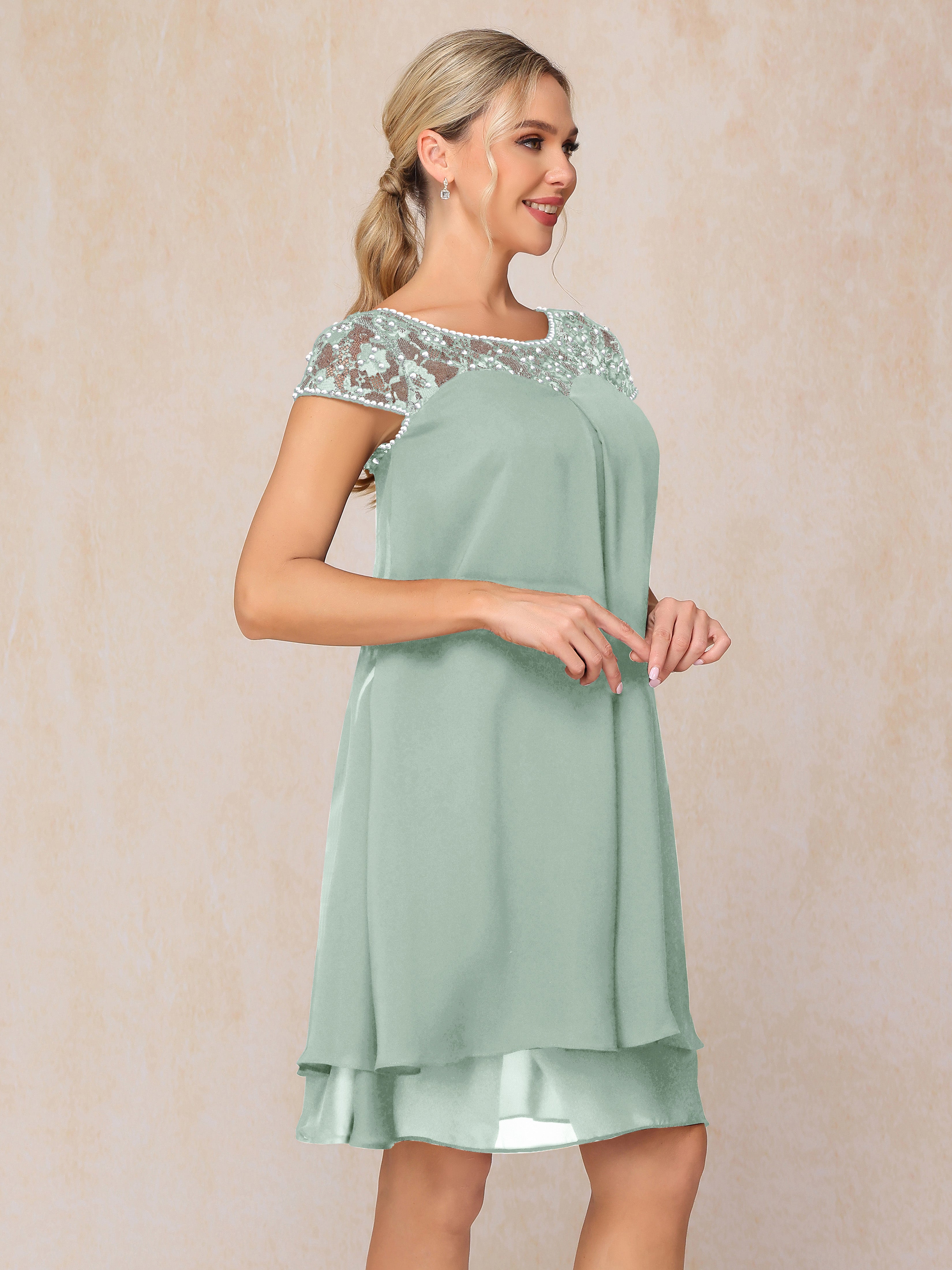 Cap Sleeves Beading Knee Length Chiffon Lace Mother Of The Bride Dress