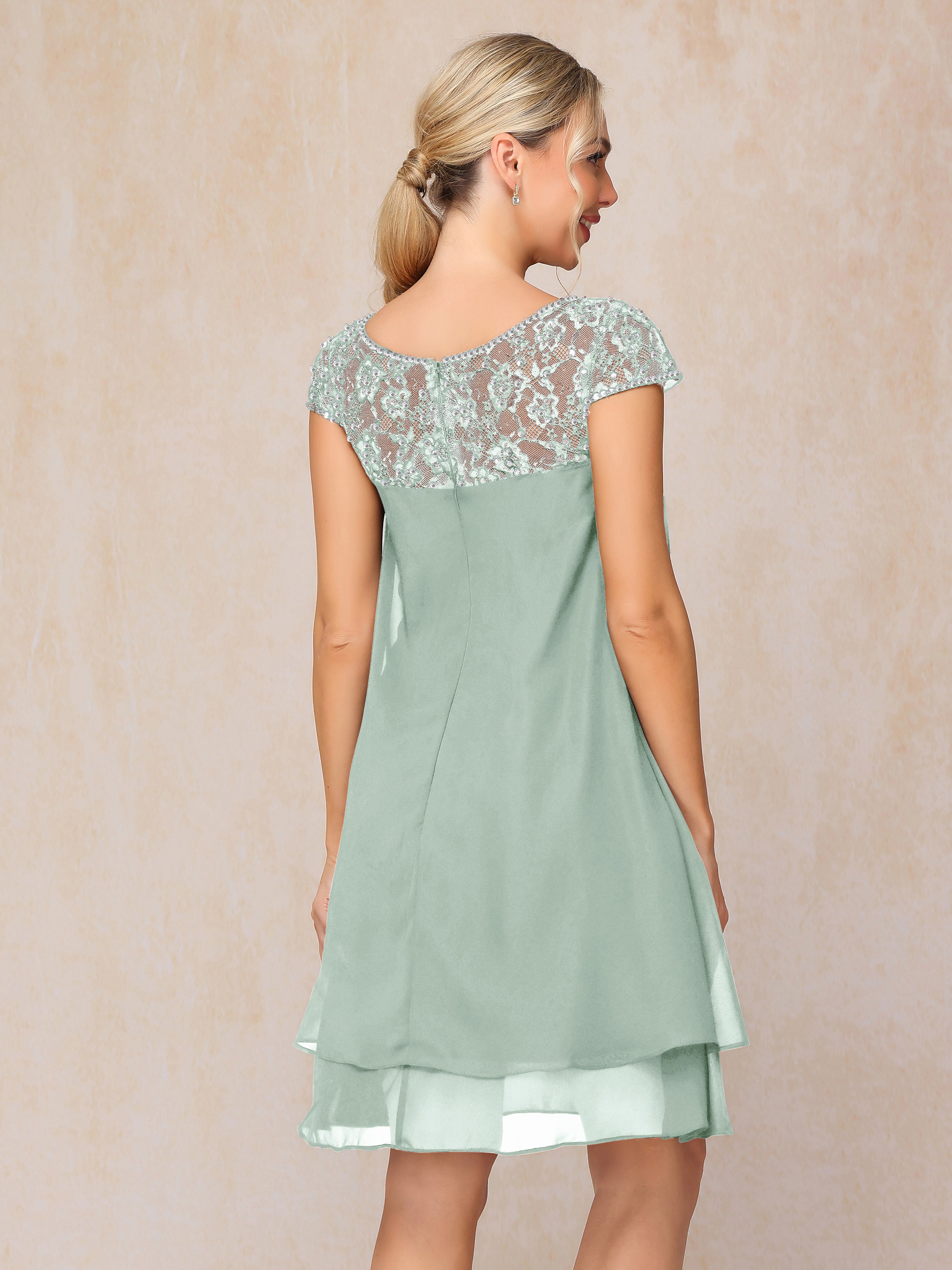 Cap Sleeves Beading Knee Length Chiffon Lace Mother Of The Bride Dress