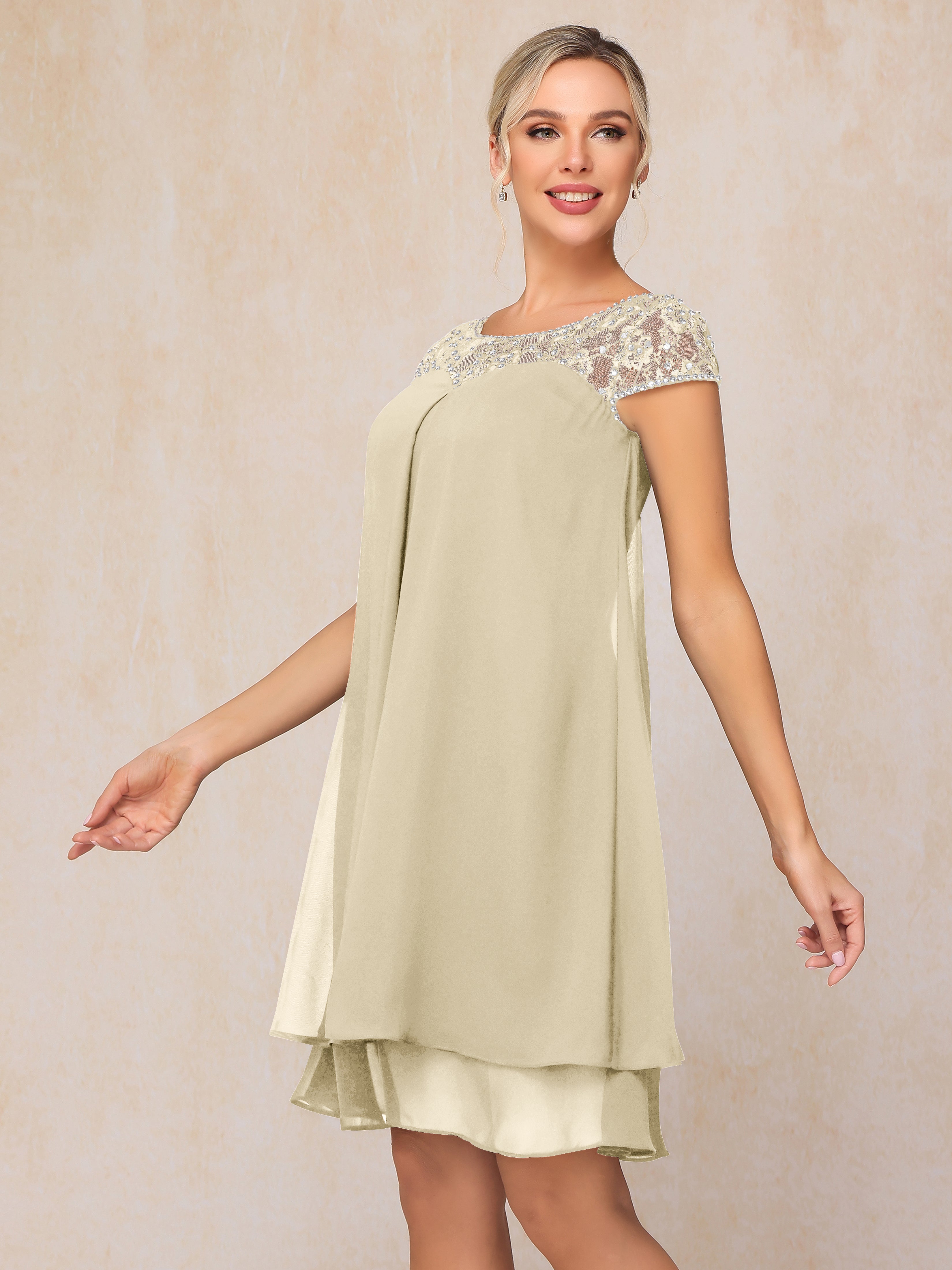 Cap Sleeves Beading Knee Length Chiffon Lace Mother Of The Bride Dress