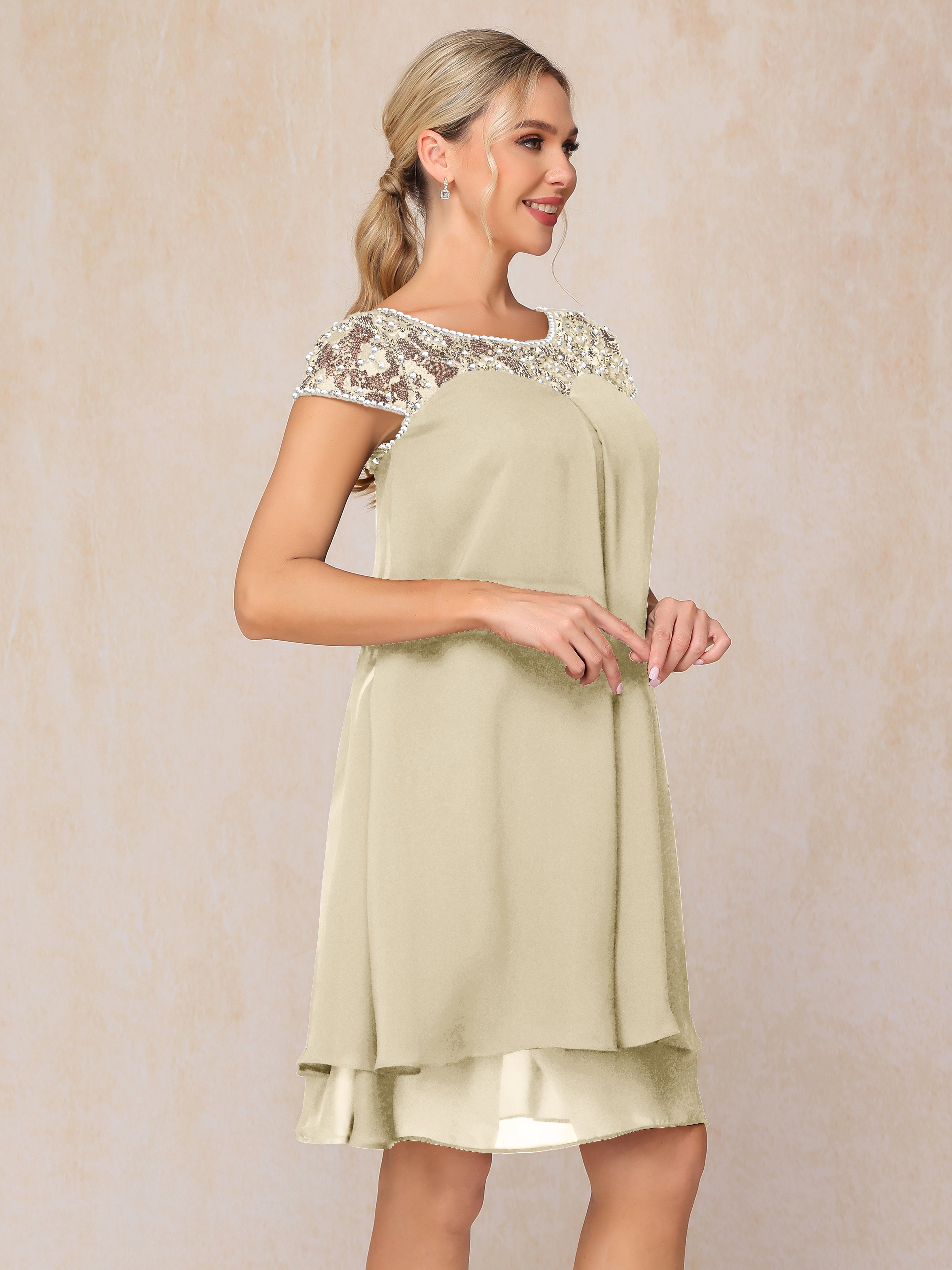 Cap Sleeves Beading Knee Length Chiffon Lace Mother Of The Bride Dress