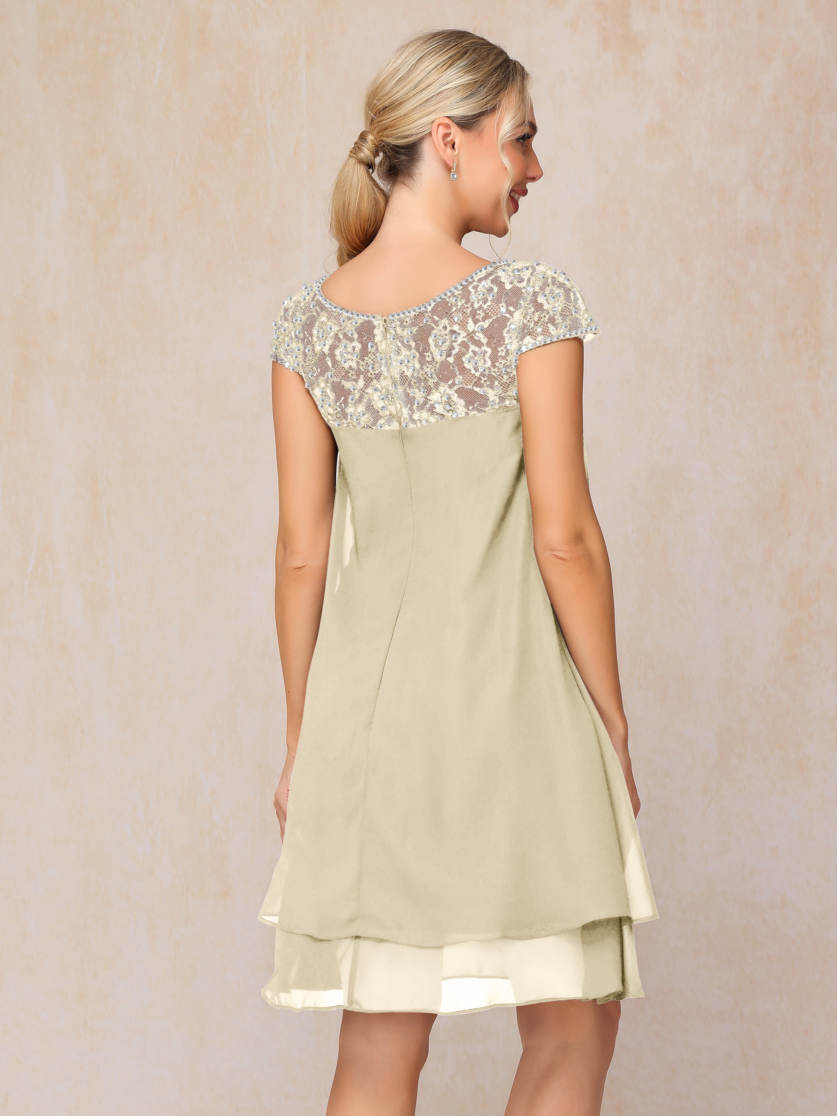 Cap Sleeves Beading Knee Length Chiffon Lace Mother Of The Bride Dress