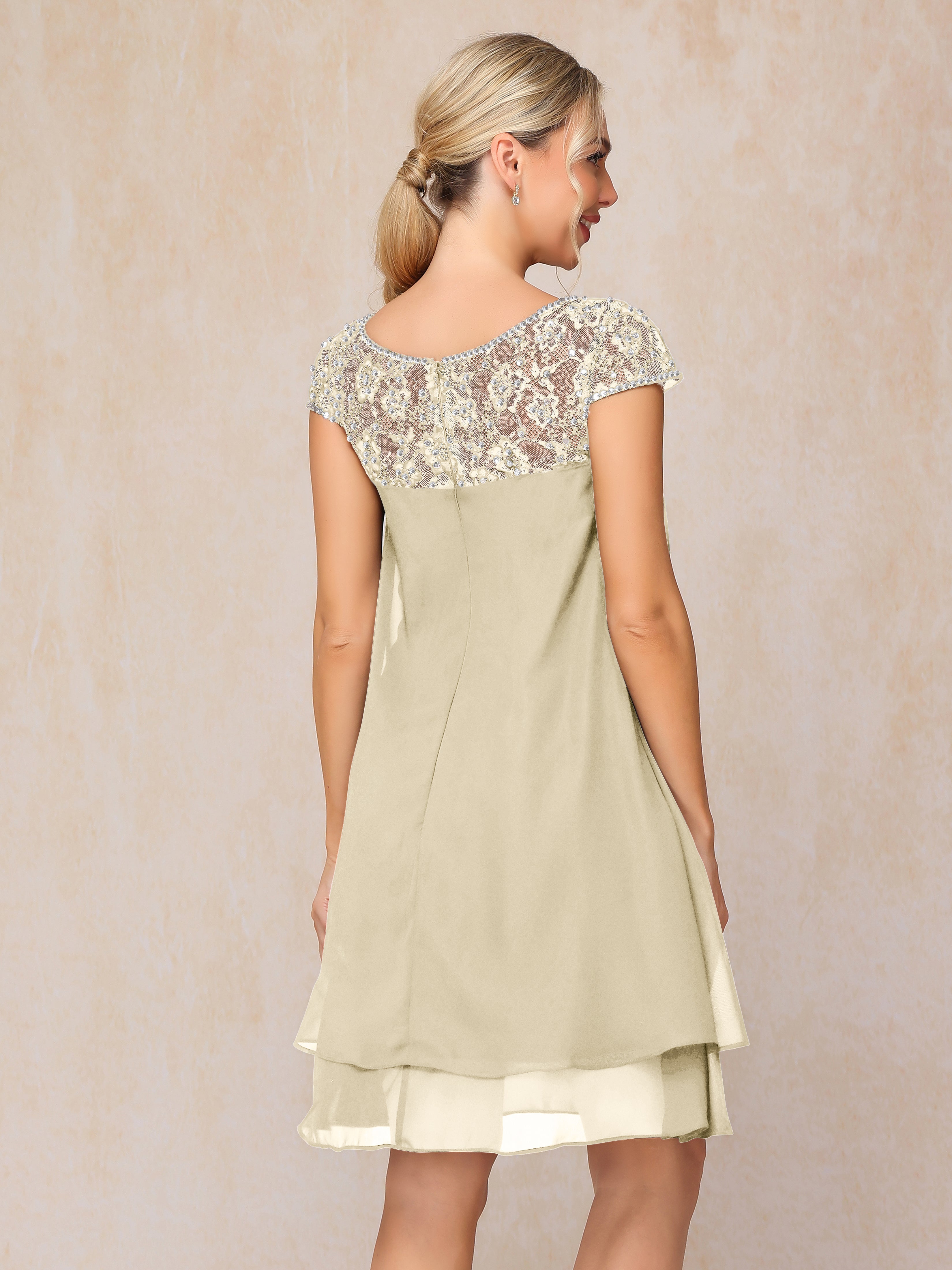 Cap Sleeves Beading Knee Length Chiffon Lace Mother Of The  Groom Dress