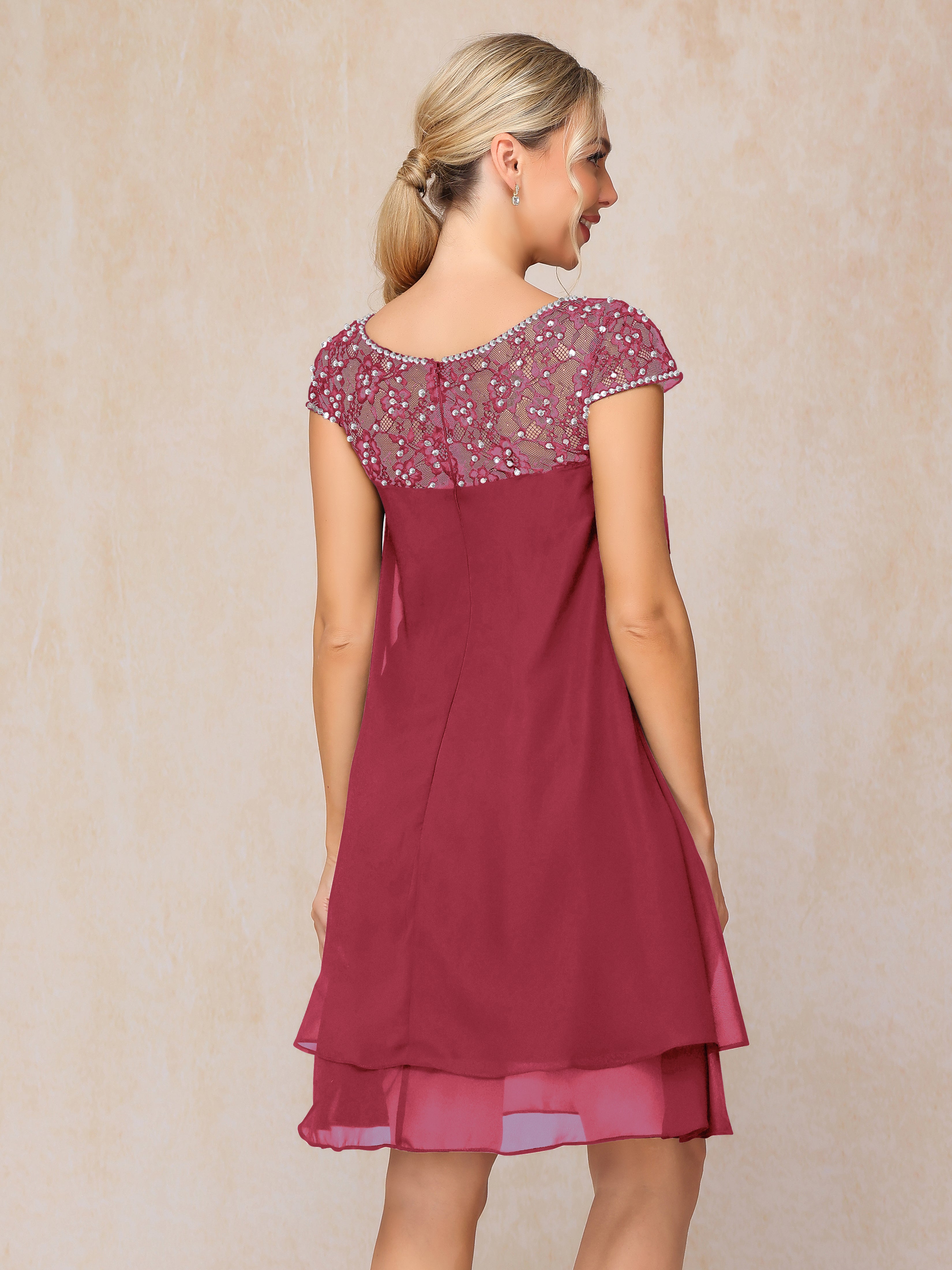 Cap Sleeves Beading Knee Length Chiffon Lace Mother Of The Bride Dress