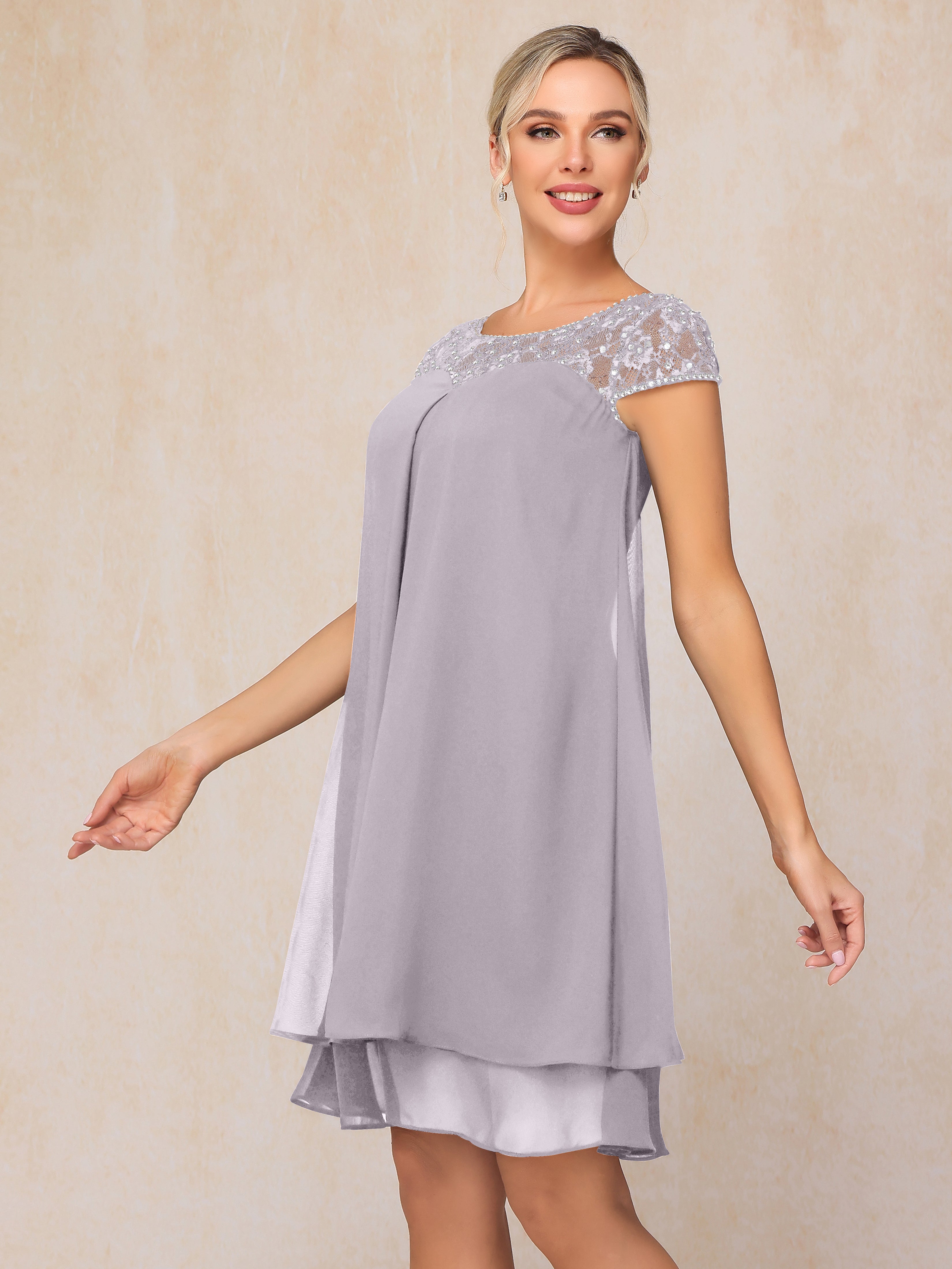 Cap Sleeves Beading Knee Length Chiffon Lace Mother Of The  Groom Dress