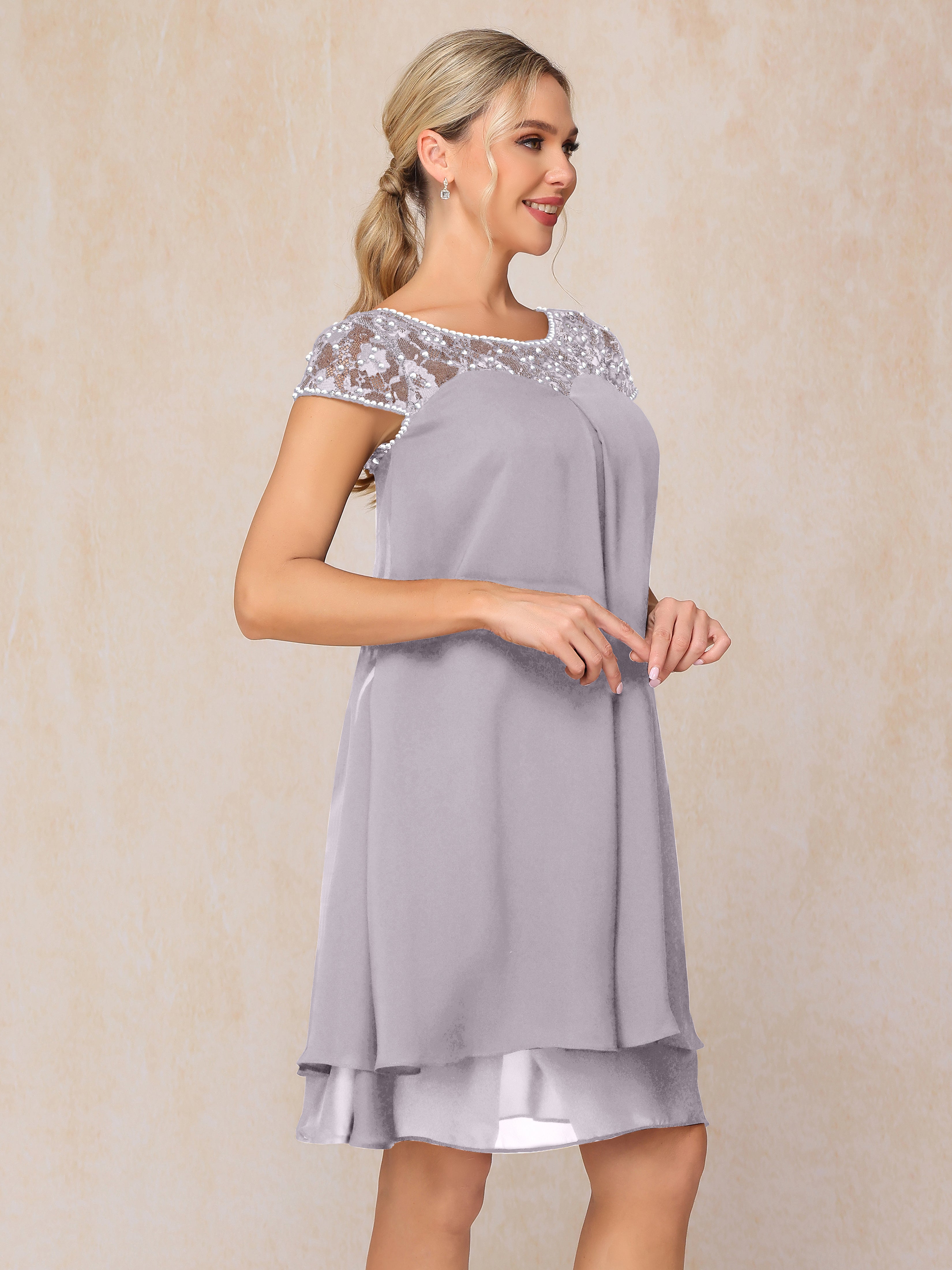 Cap Sleeves Beading Knee Length Chiffon Lace Mother Of The  Groom Dress