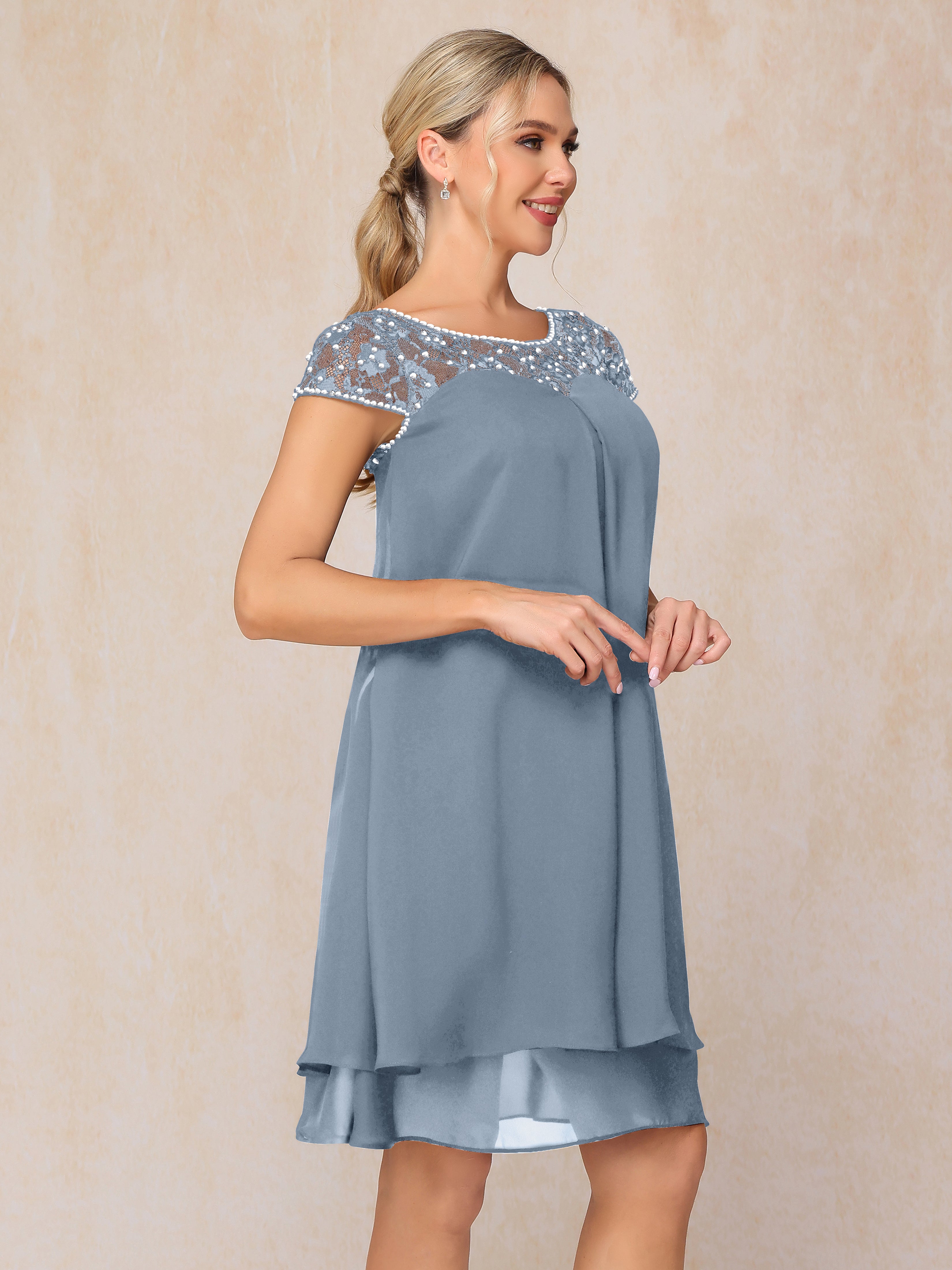 Cap Sleeves Beading Knee Length Chiffon Lace Mother Of The Bride Dress