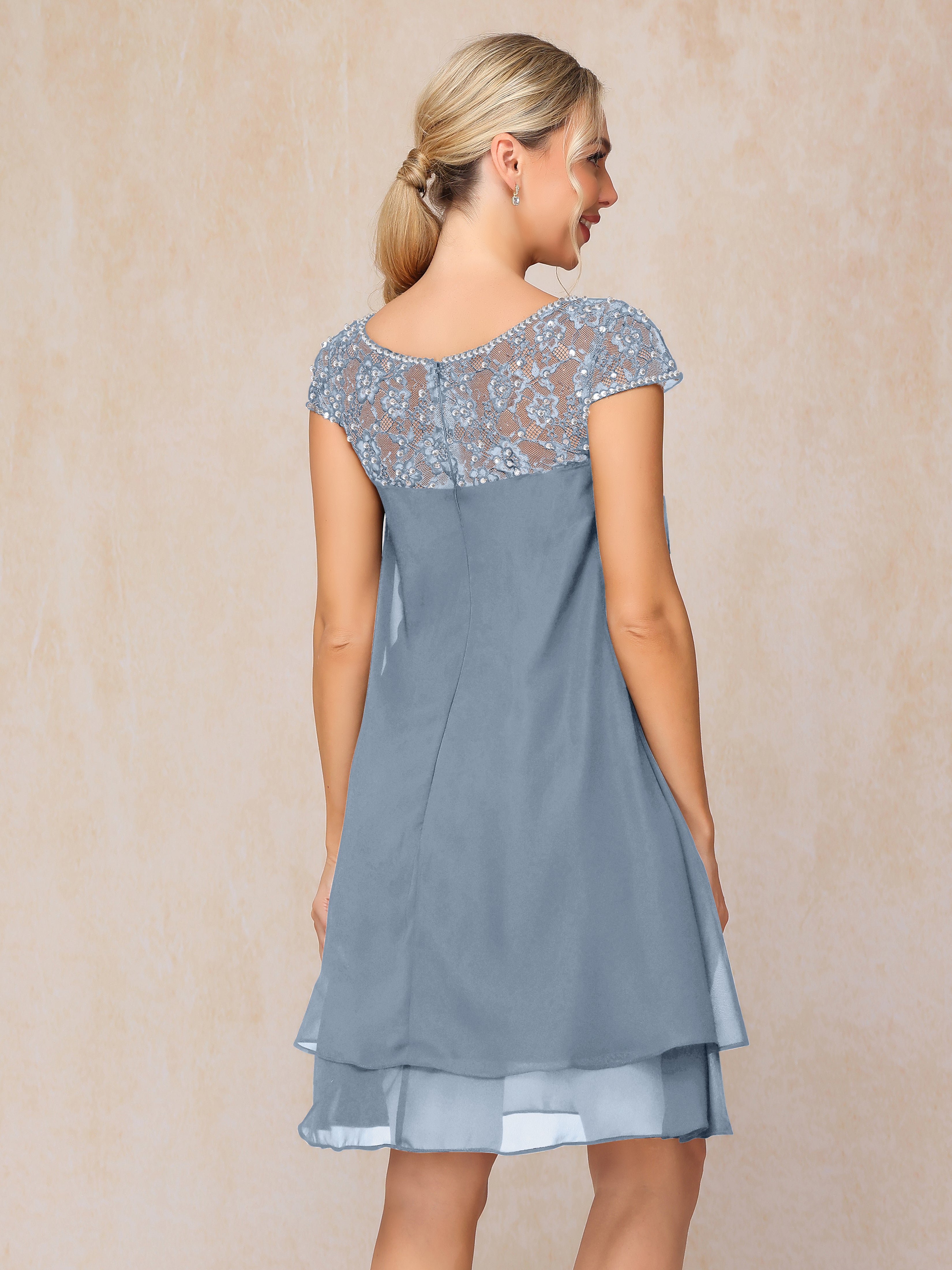 Cap Sleeves Beading Knee Length Chiffon Lace Mother Of The Bride Dress