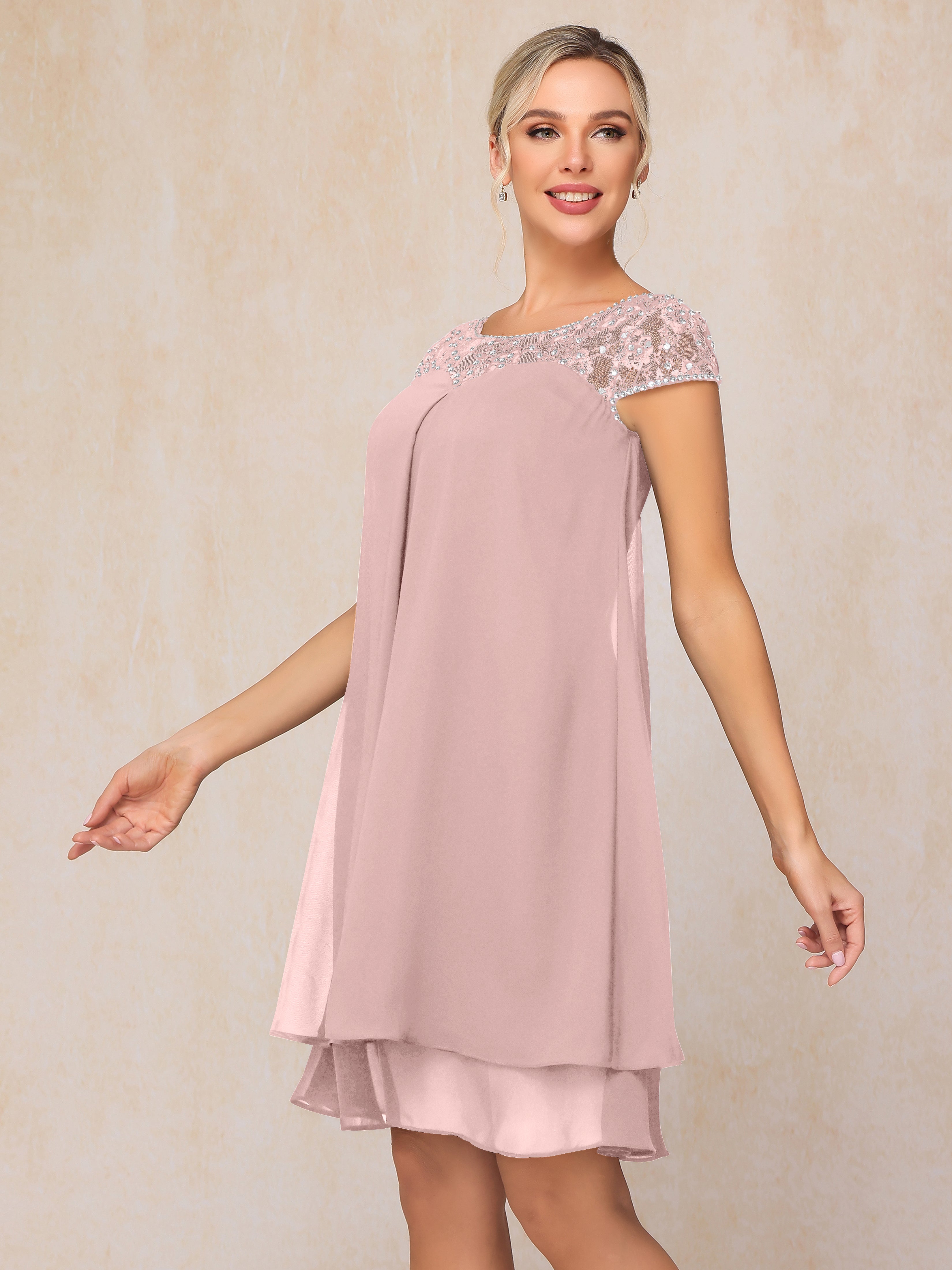 Cap Sleeves Beading Knee Length Chiffon Lace Mother Of The  Groom Dress