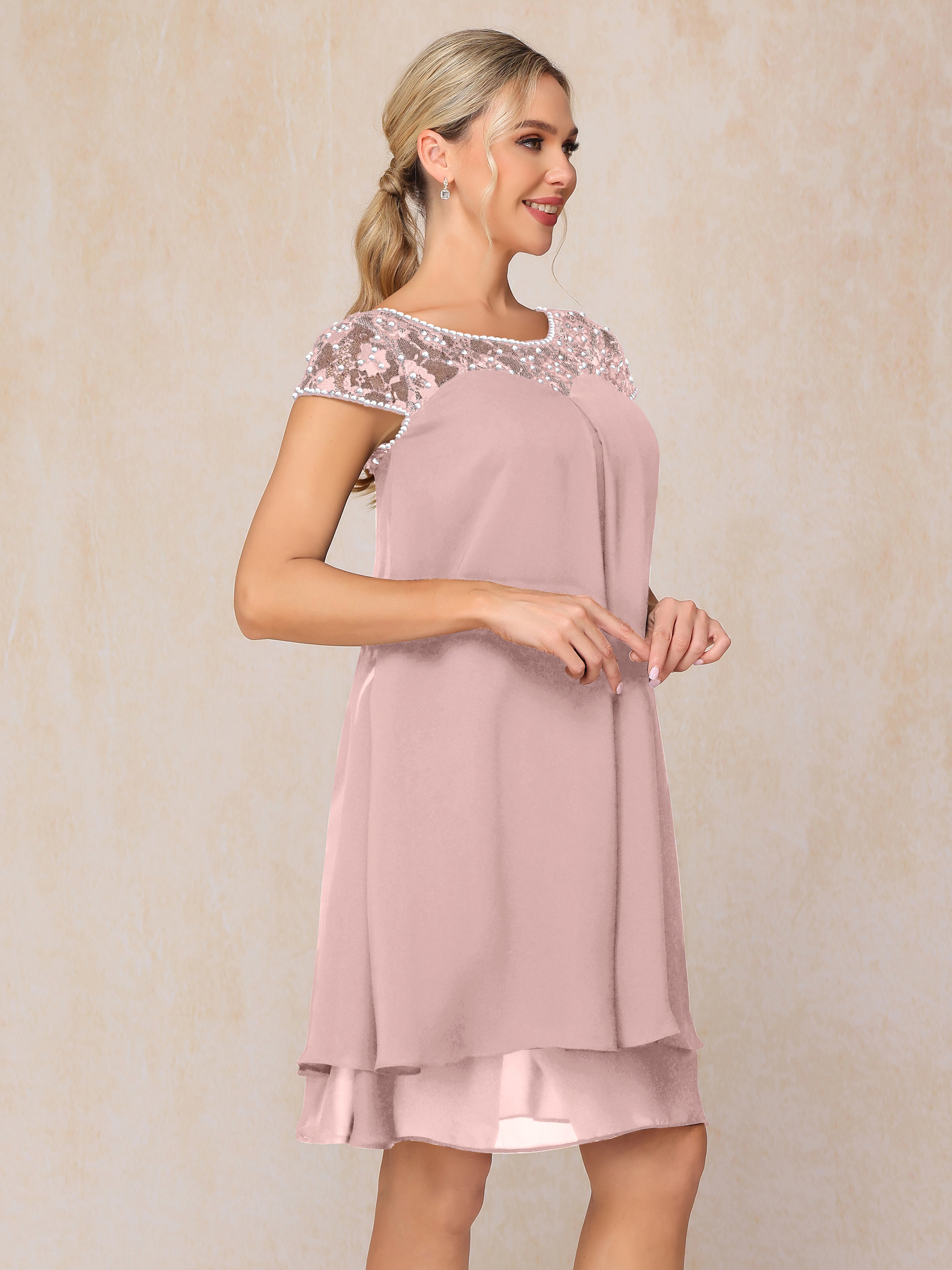 Cap Sleeves Beading Knee Length Chiffon Lace Mother Of The Bride Dress