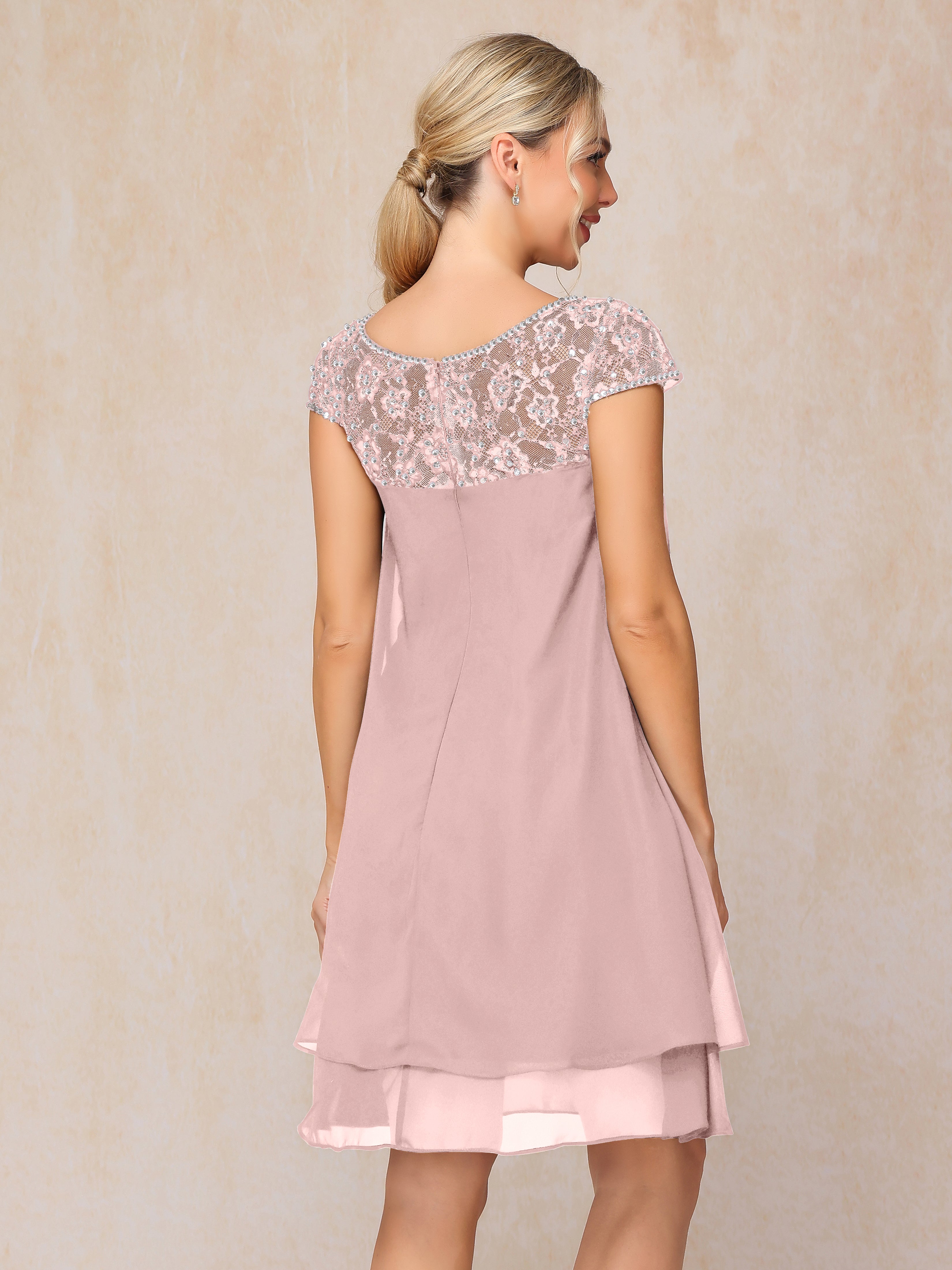 Cap Sleeves Beading Knee Length Chiffon Lace Mother Of The Bride Dress