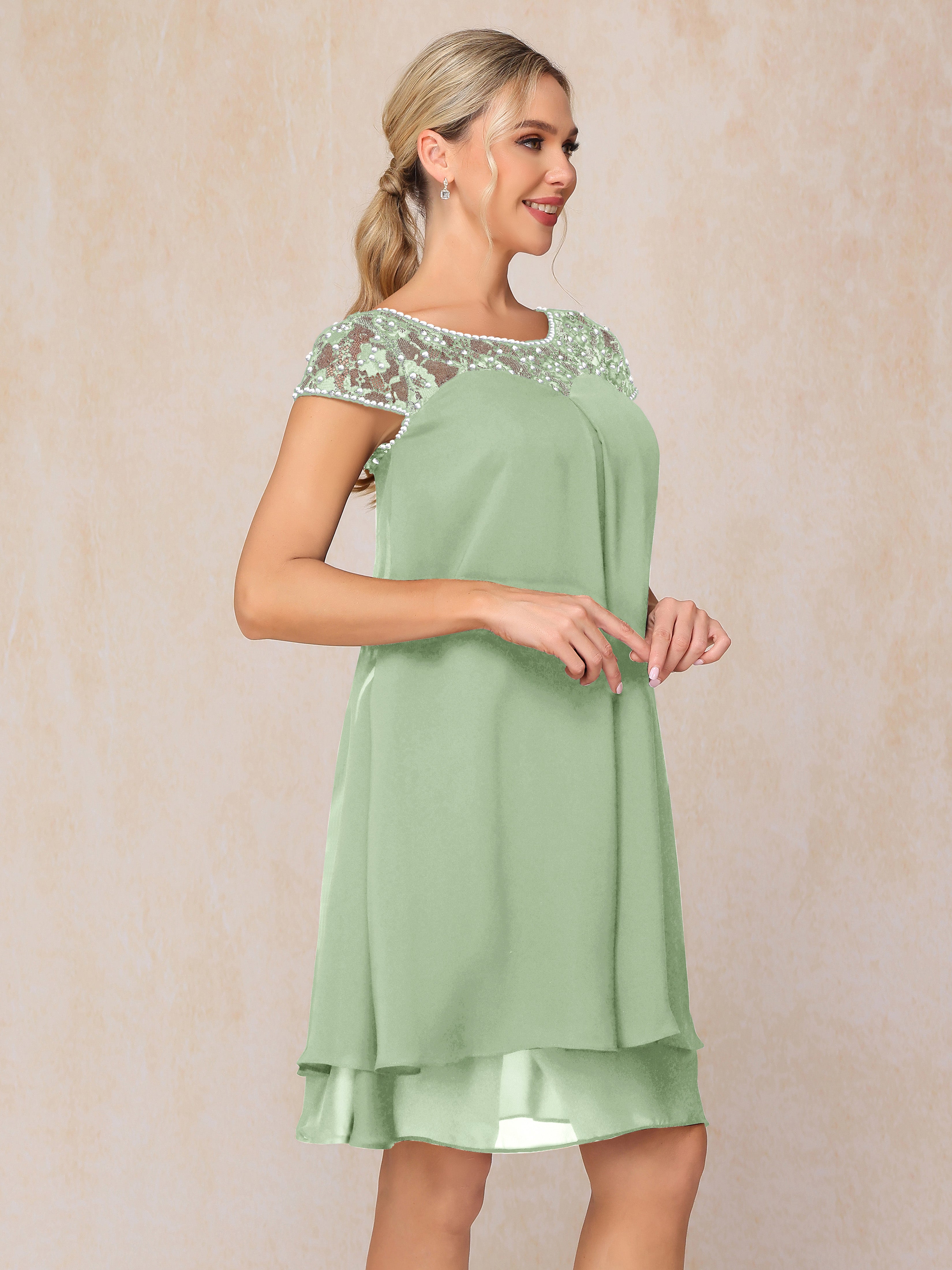 Cap Sleeves Beading Knee Length Chiffon Lace Mother Of The Bride Dress