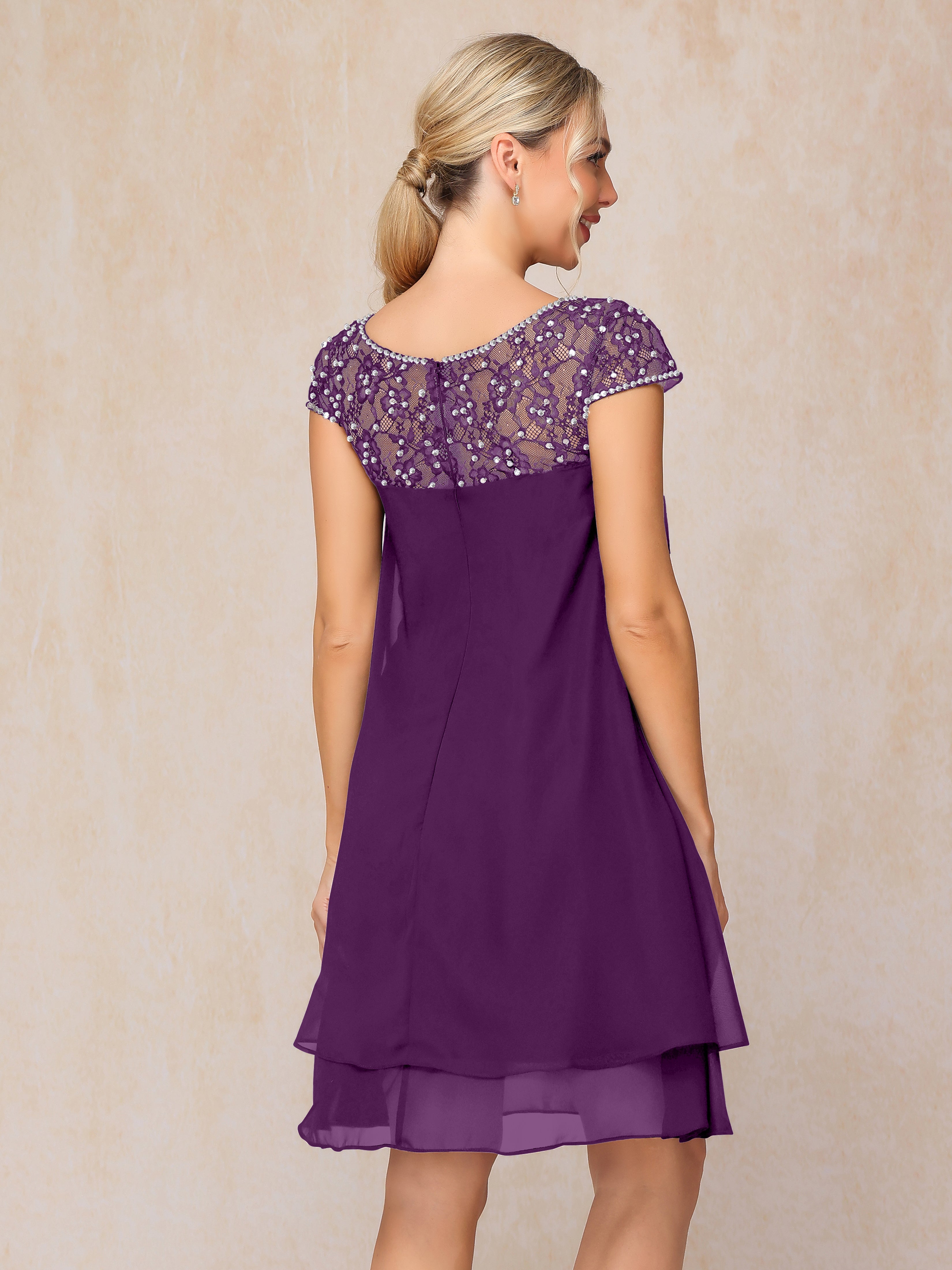 Cap Sleeves Beading Knee Length Chiffon Lace Mother Of The  Groom Dress