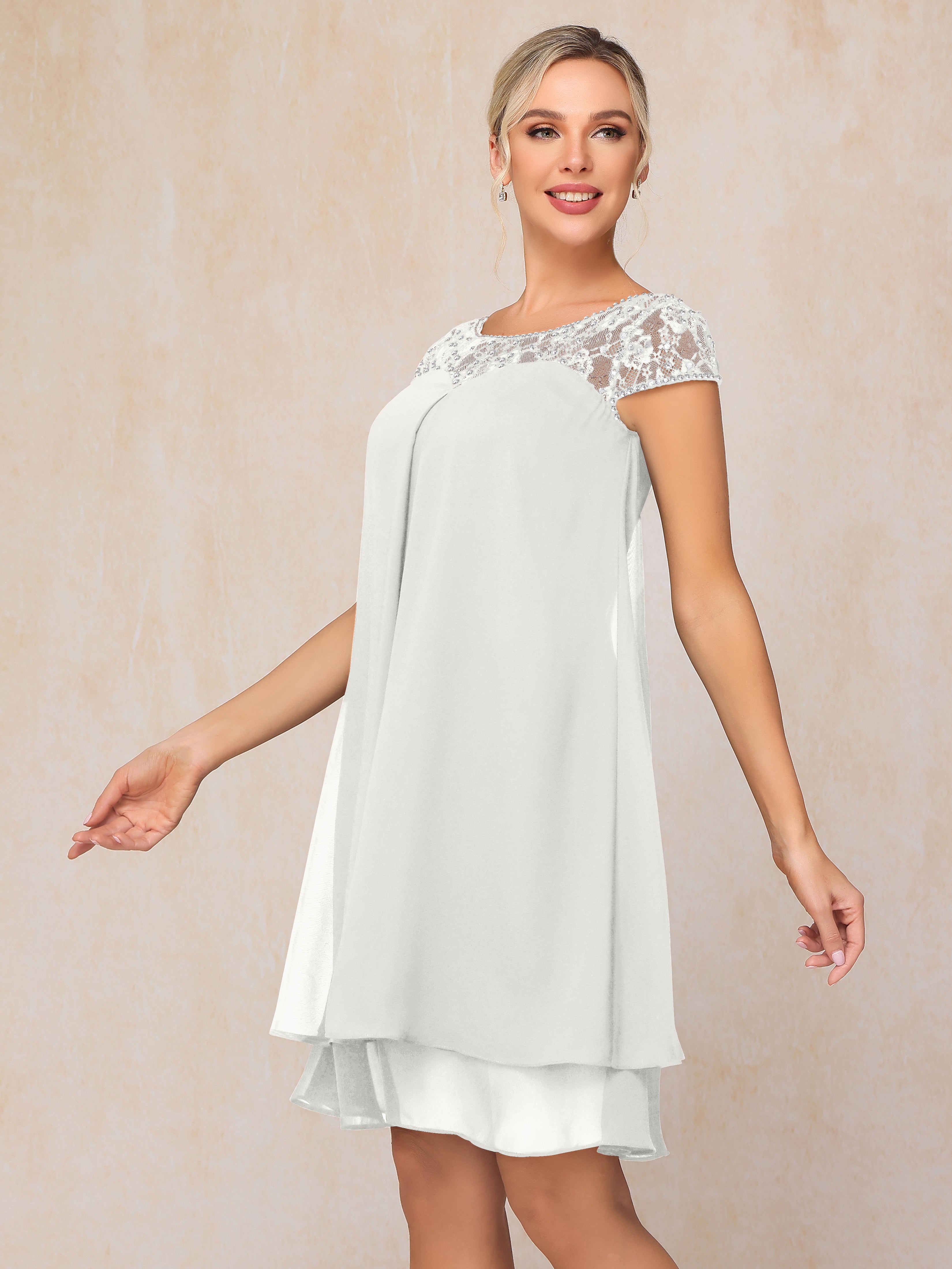 Cap Sleeves Beading Knee Length Chiffon Lace Mother Of The  Groom Dress