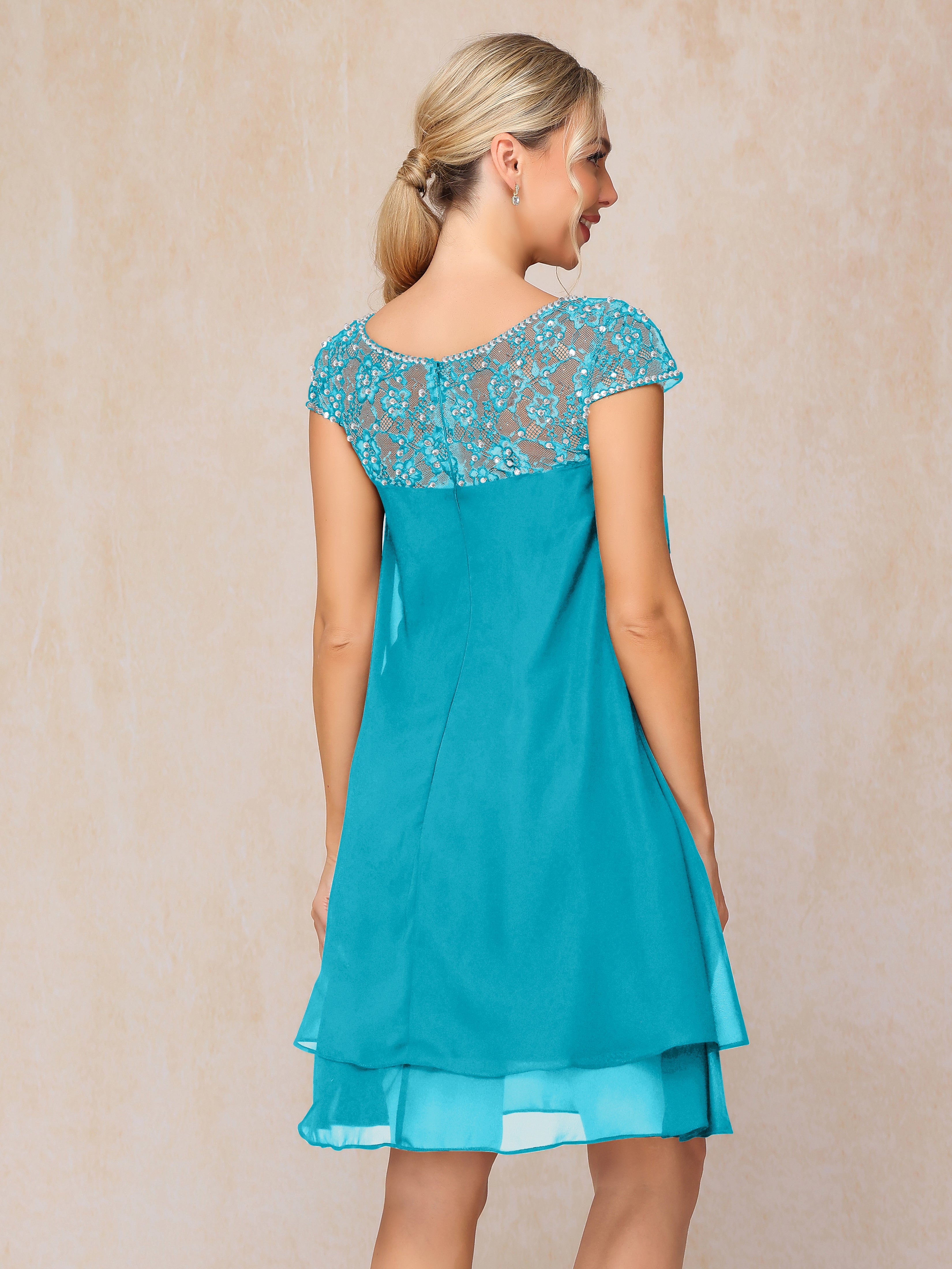 Cap Sleeves Beading Knee Length Chiffon Lace Mother Of The  Groom Dress