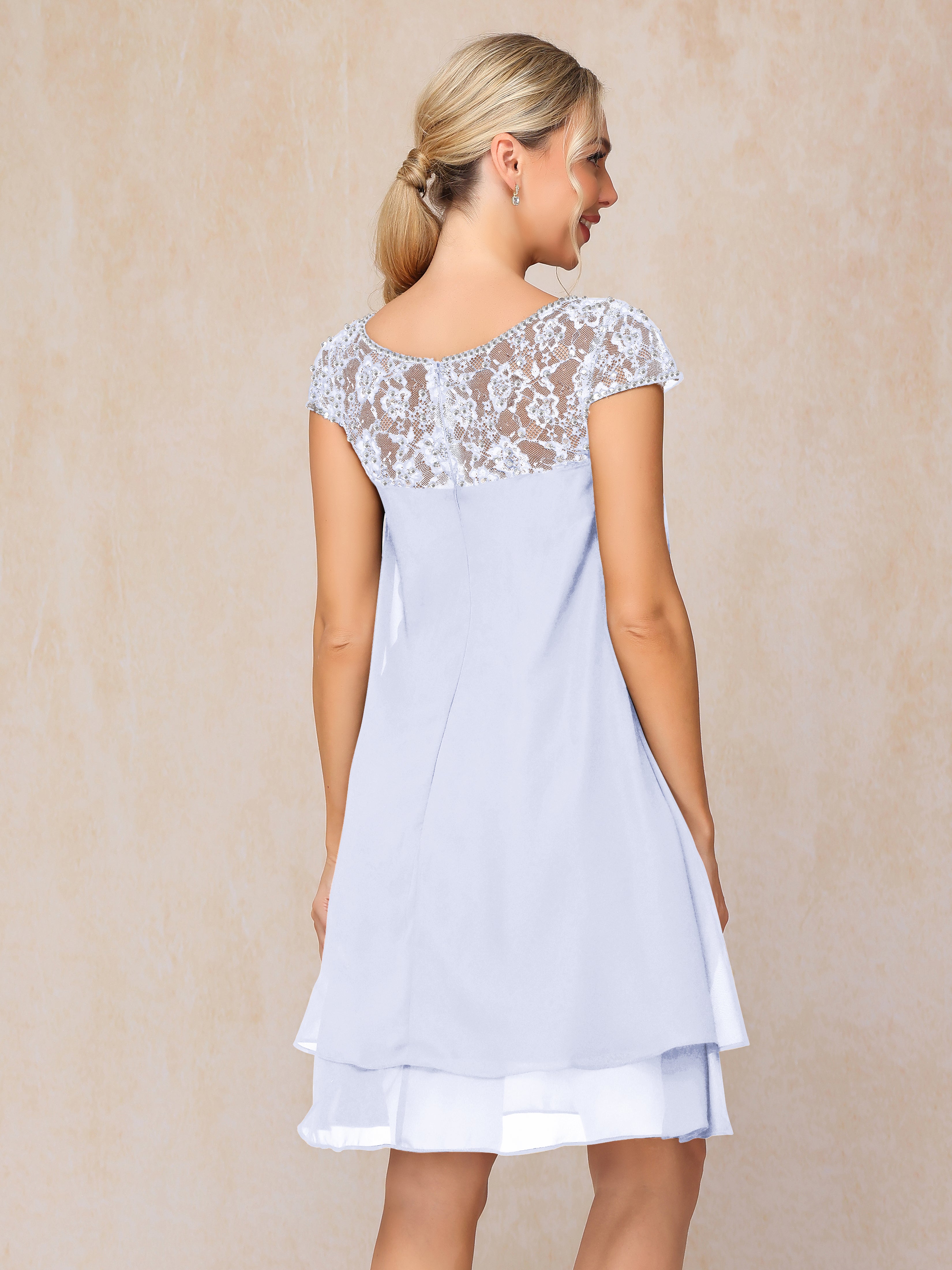 Cap Sleeves Beading Knee Length Chiffon Lace Mother Of The Bride Dress