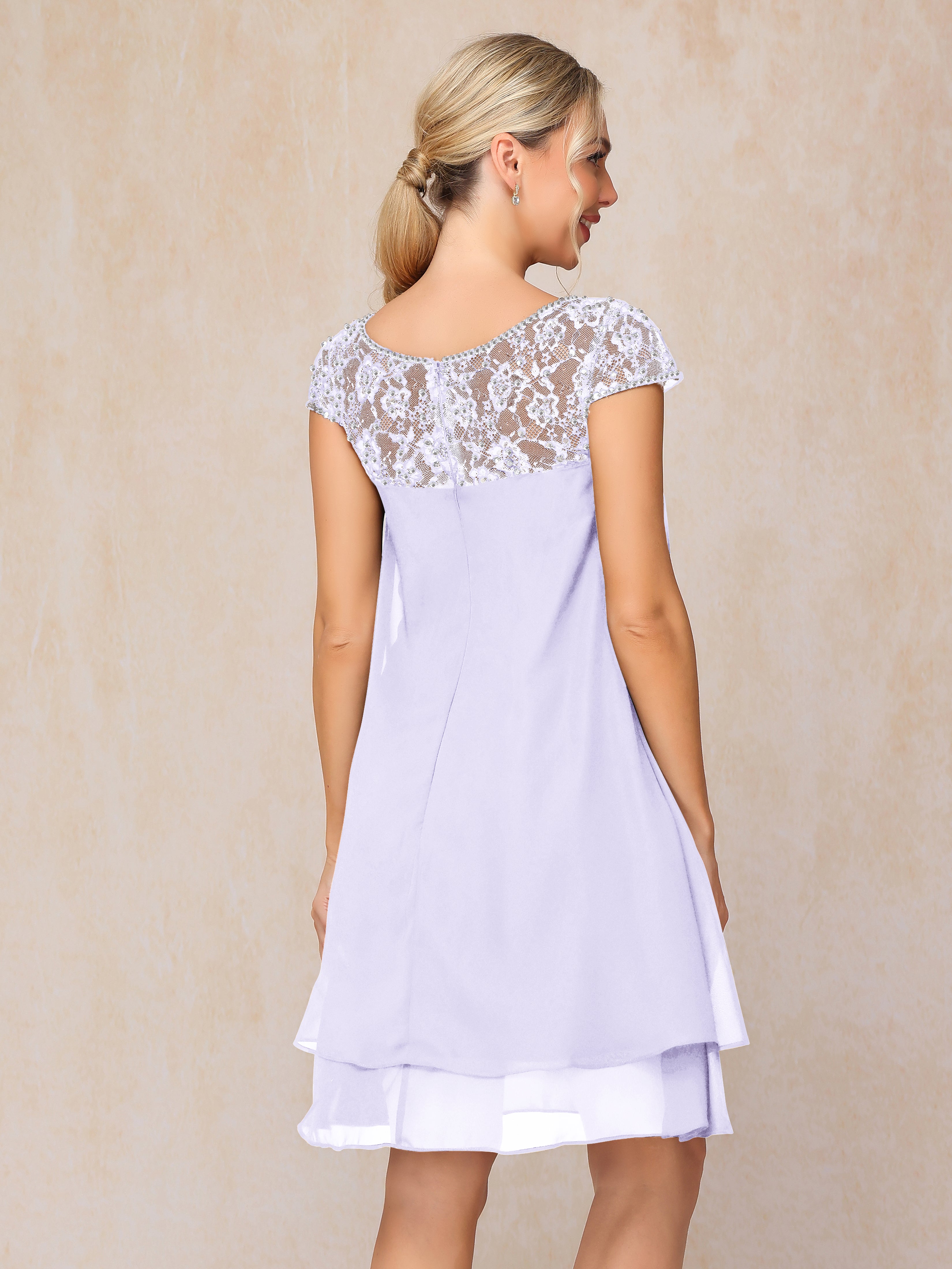 Cap Sleeves Beading Knee Length Chiffon Lace Mother Of The Bride Dress