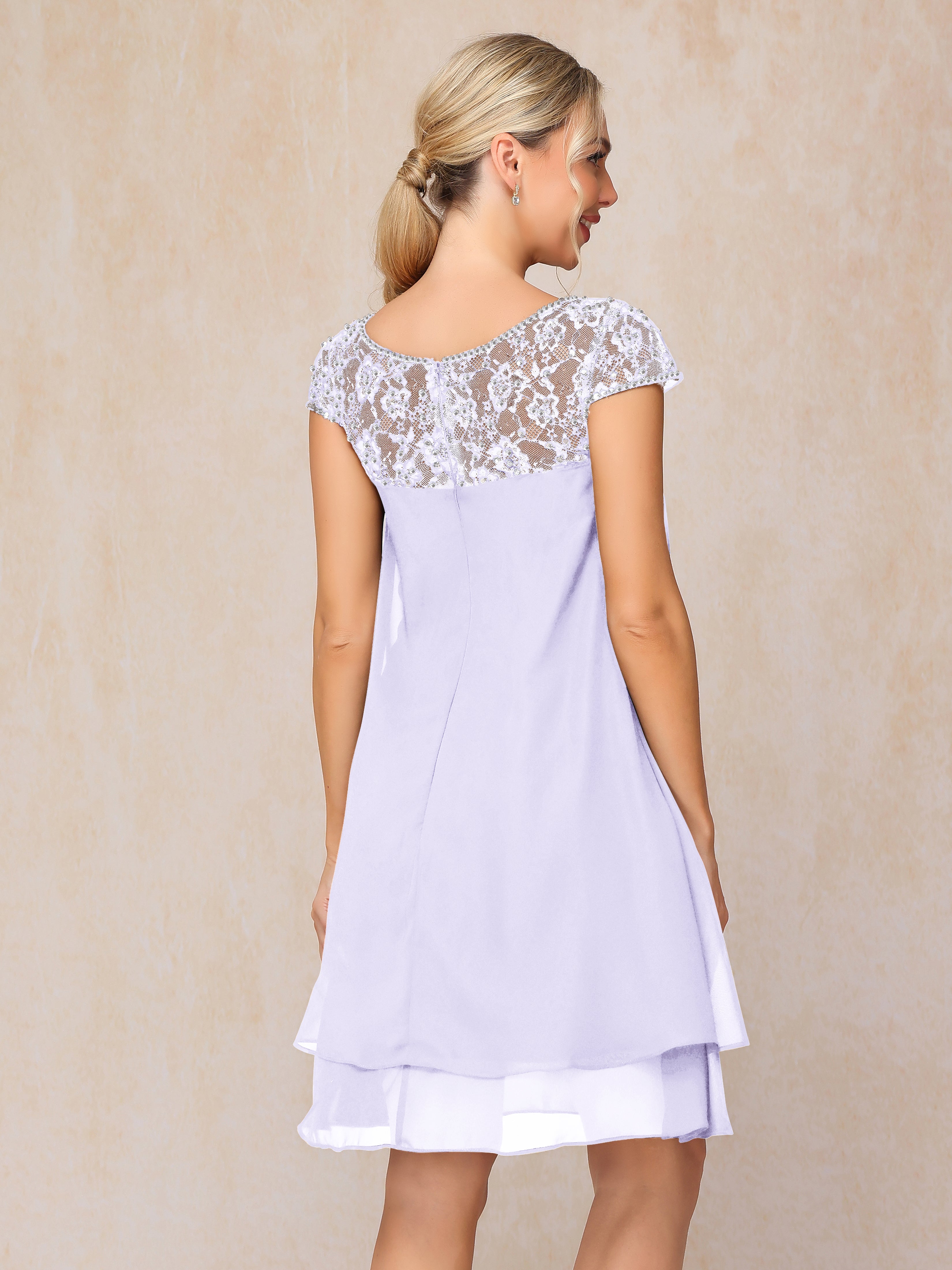 Cap Sleeves Beading Knee Length Chiffon Lace Mother Of The  Groom Dress