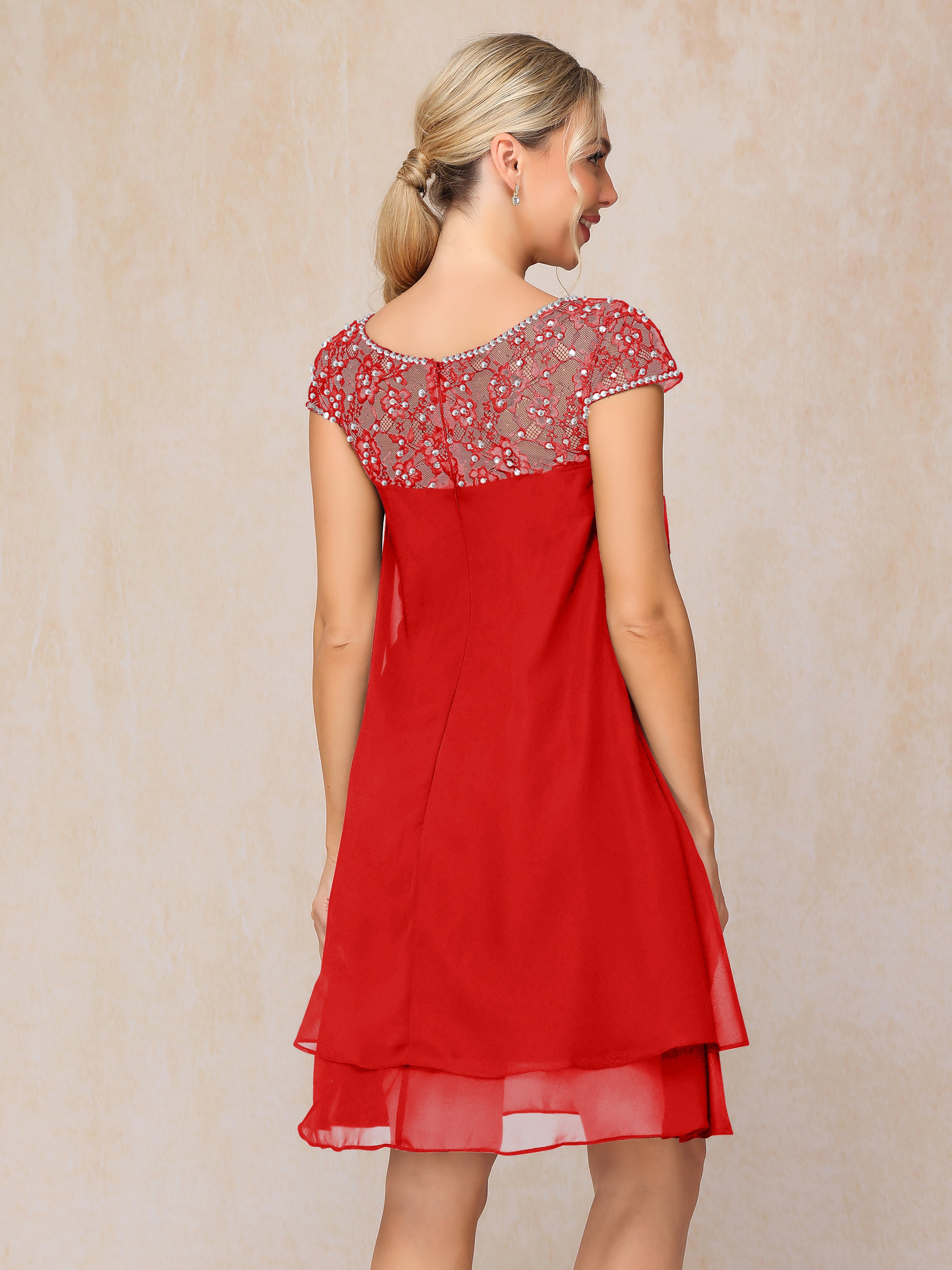 Cap Sleeves Beading Knee Length Chiffon Lace Mother Of The  Groom Dress