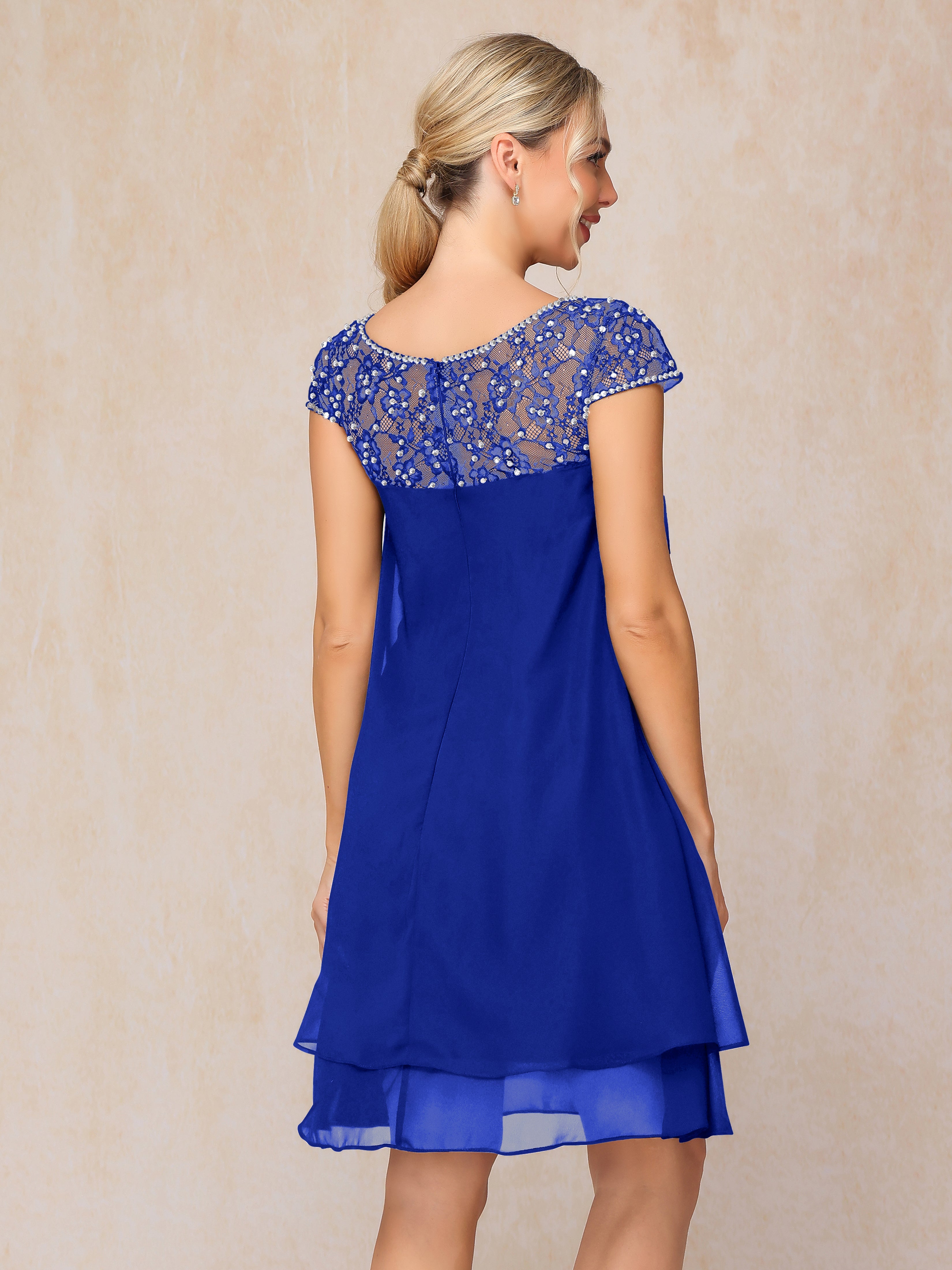 Cap Sleeves Beading Knee Length Chiffon Lace Mother Of The  Groom Dress