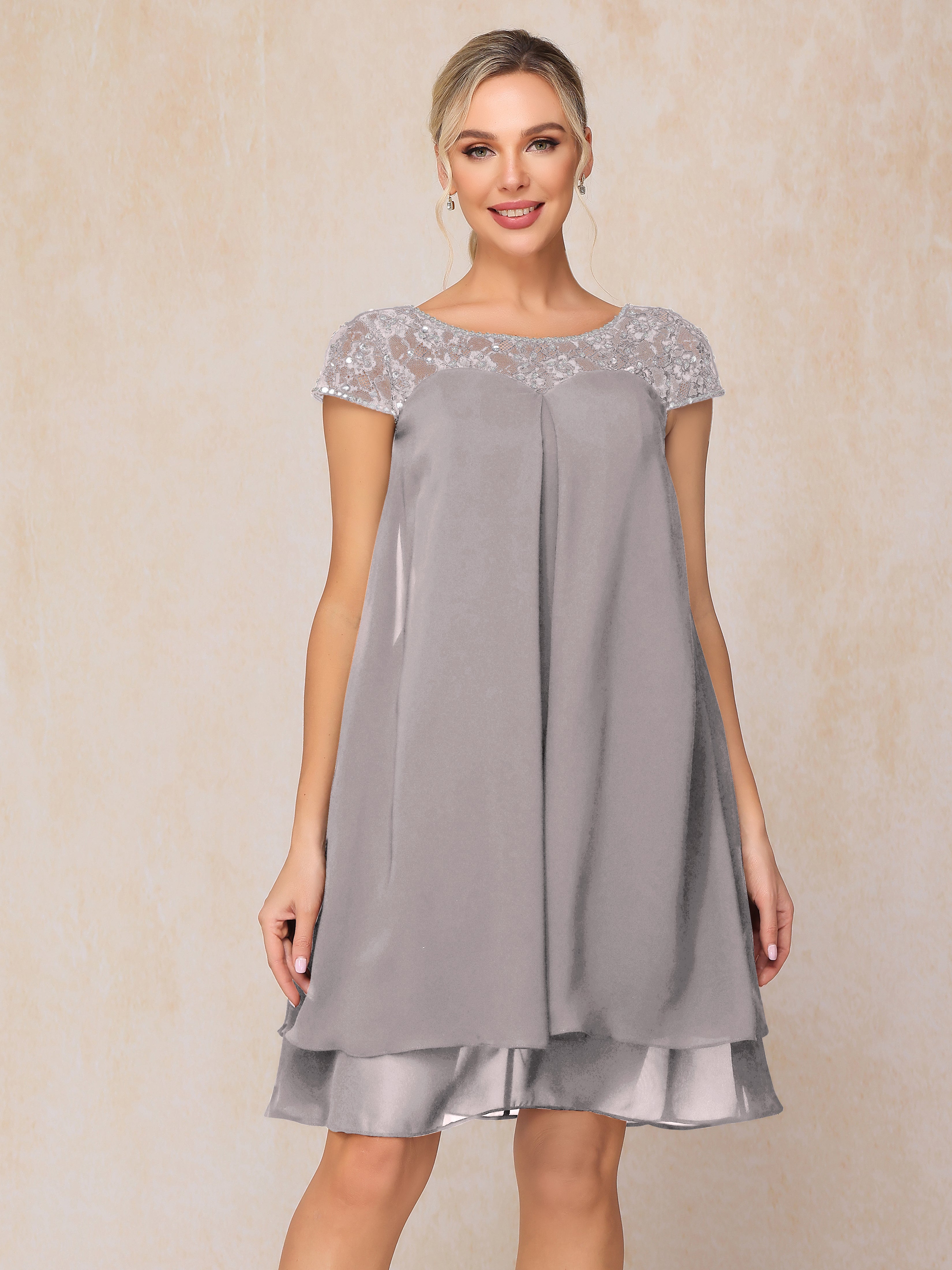 Cap Sleeves Beading Knee Length Chiffon Lace Mother Of The  Groom Dress