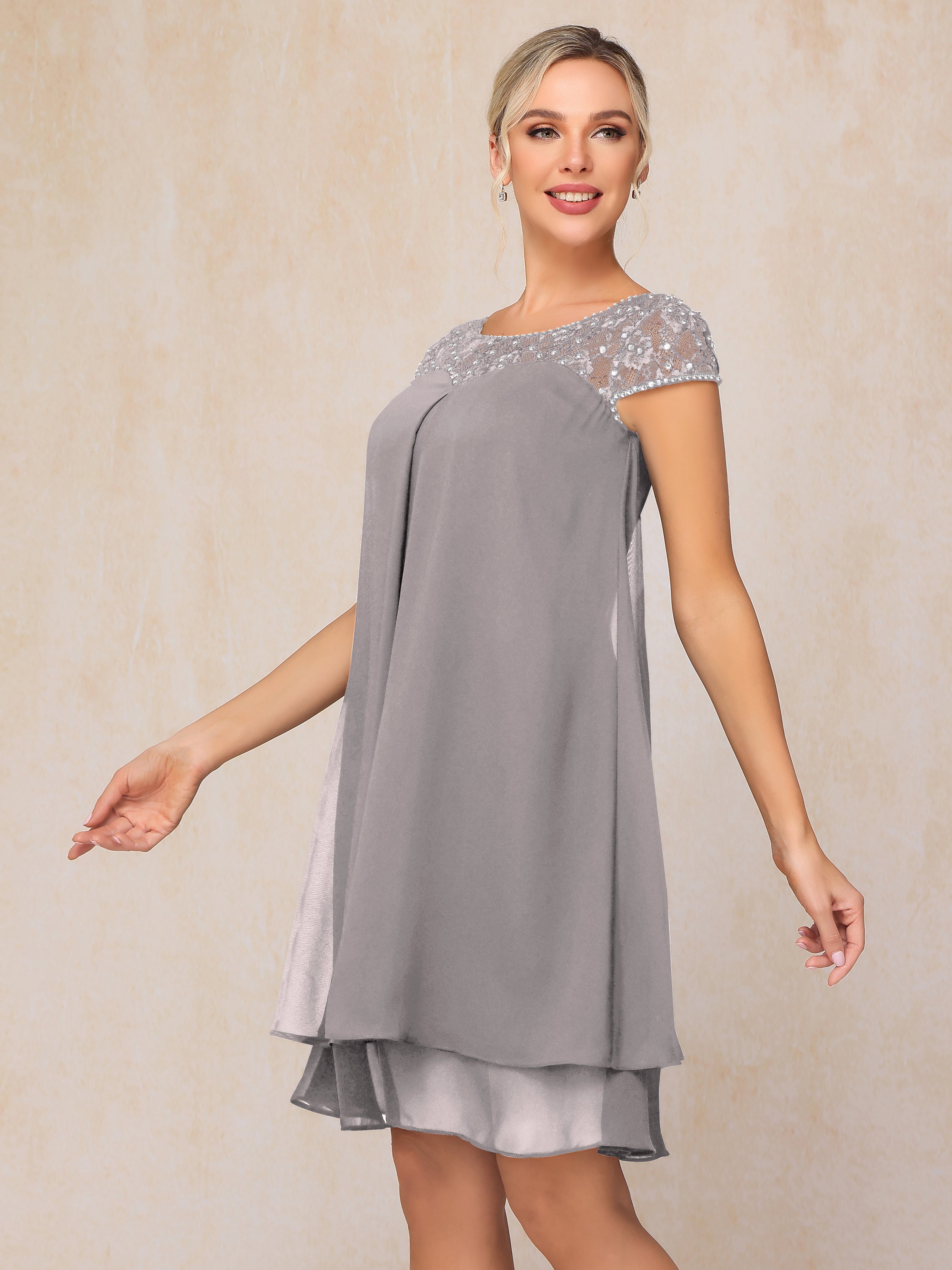 Cap Sleeves Beading Knee Length Chiffon Lace Mother Of The Bride Dress