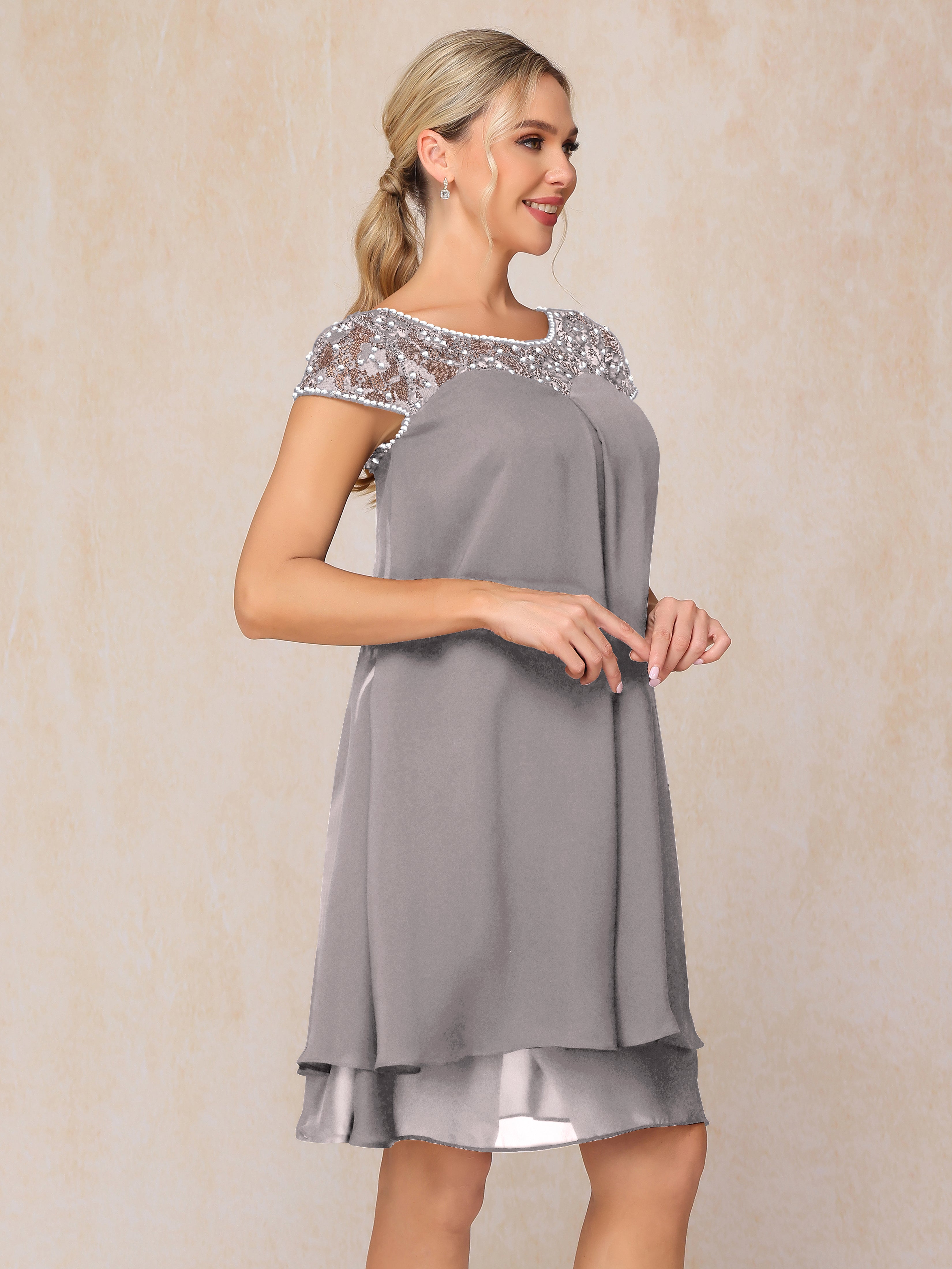 Cap Sleeves Beading Knee Length Chiffon Lace Mother Of The  Groom Dress