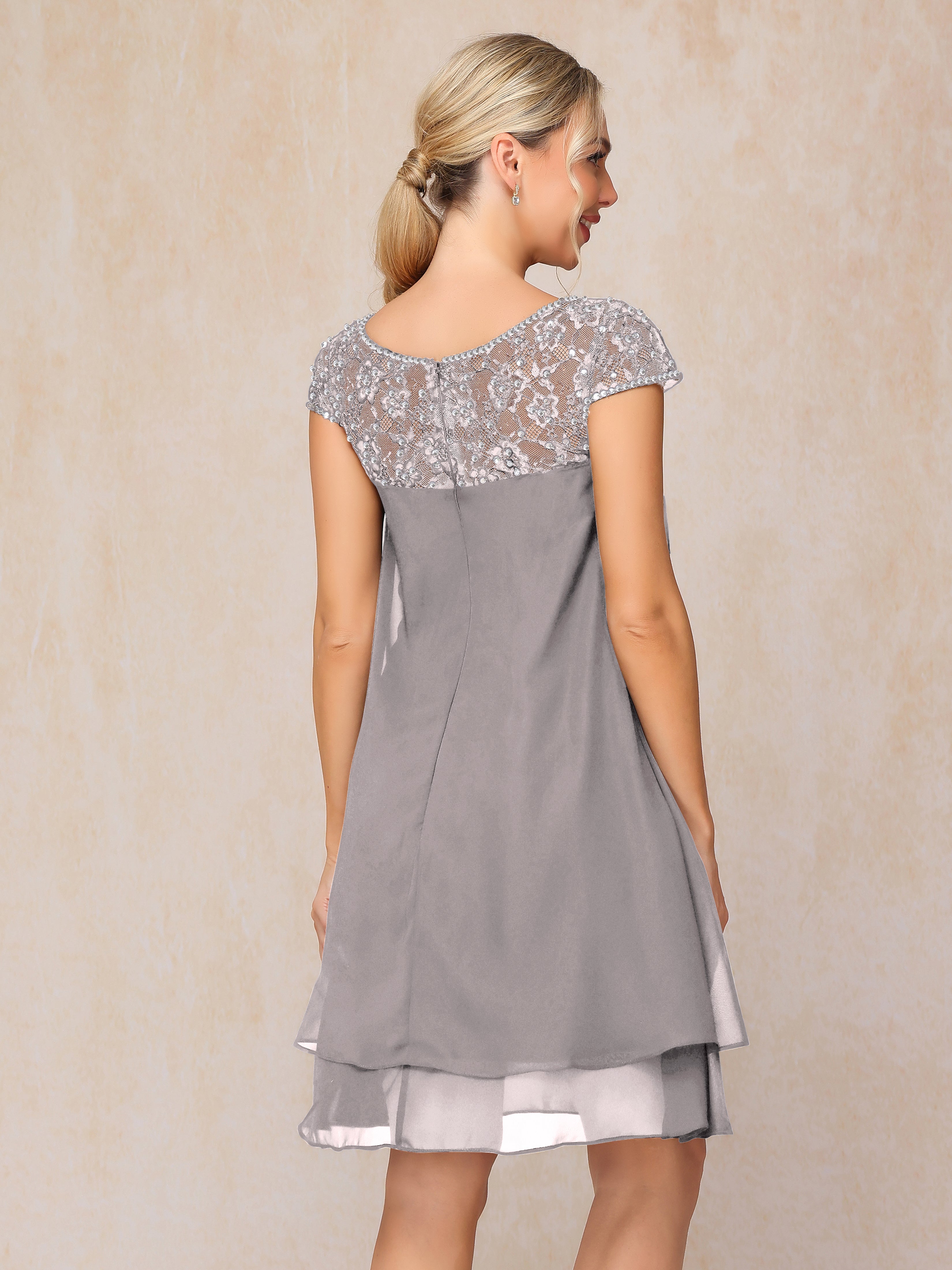 Cap Sleeves Beading Knee Length Chiffon Lace Mother Of The  Groom Dress