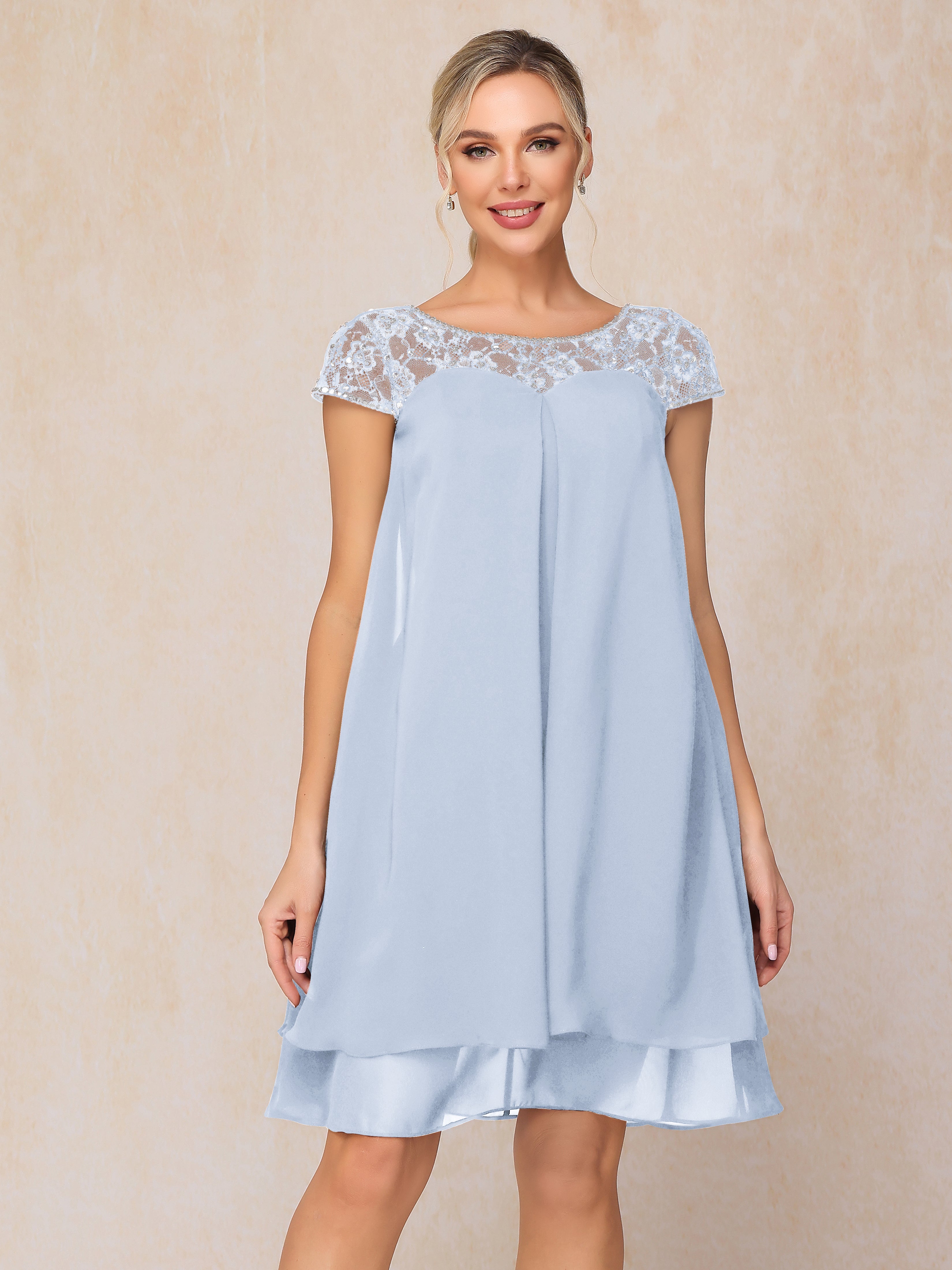 Cap Sleeves Beading Knee Length Chiffon Lace Mother Of The  Groom Dress