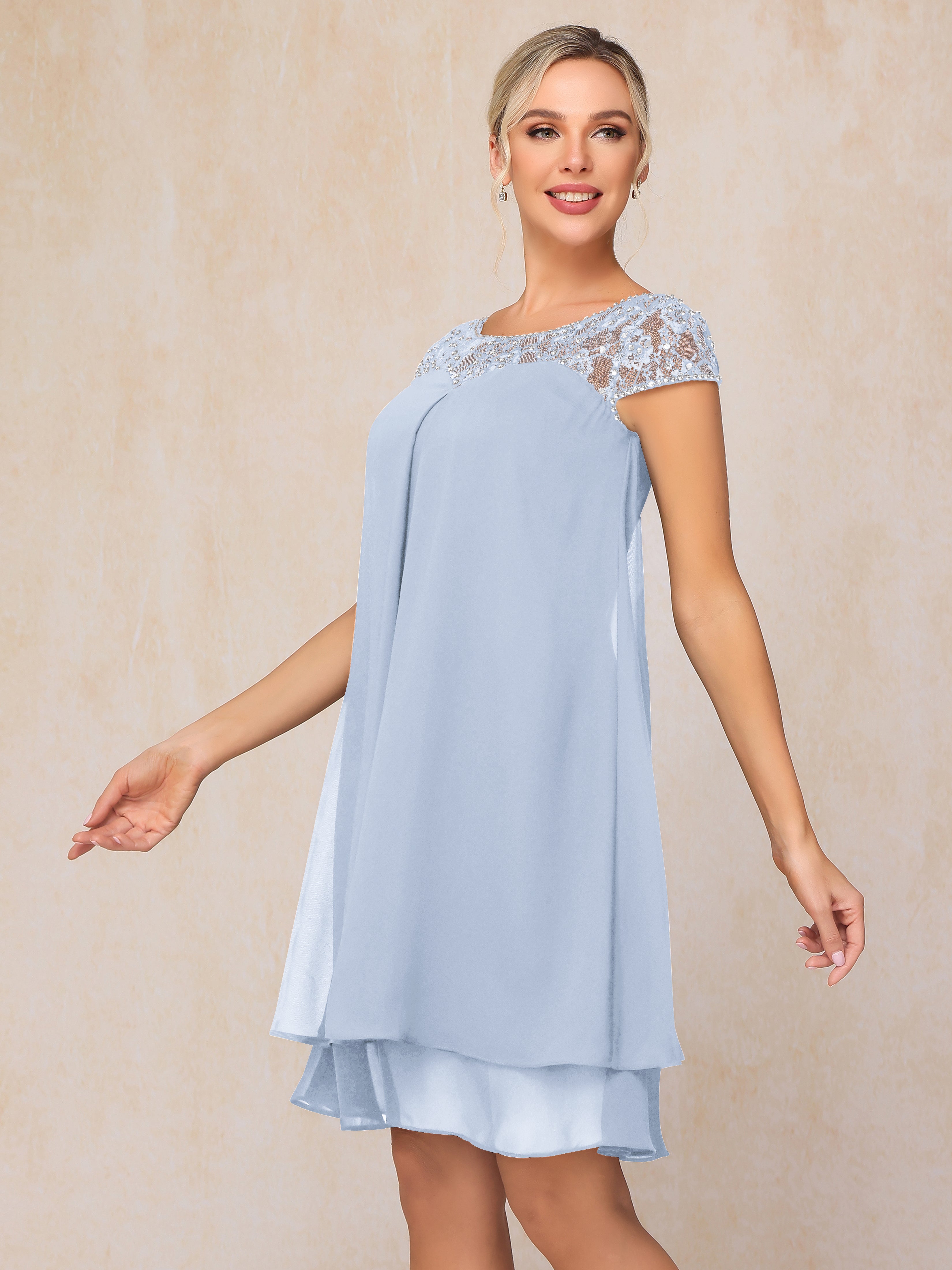 Cap Sleeves Beading Knee Length Chiffon Lace Mother Of The Bride Dress