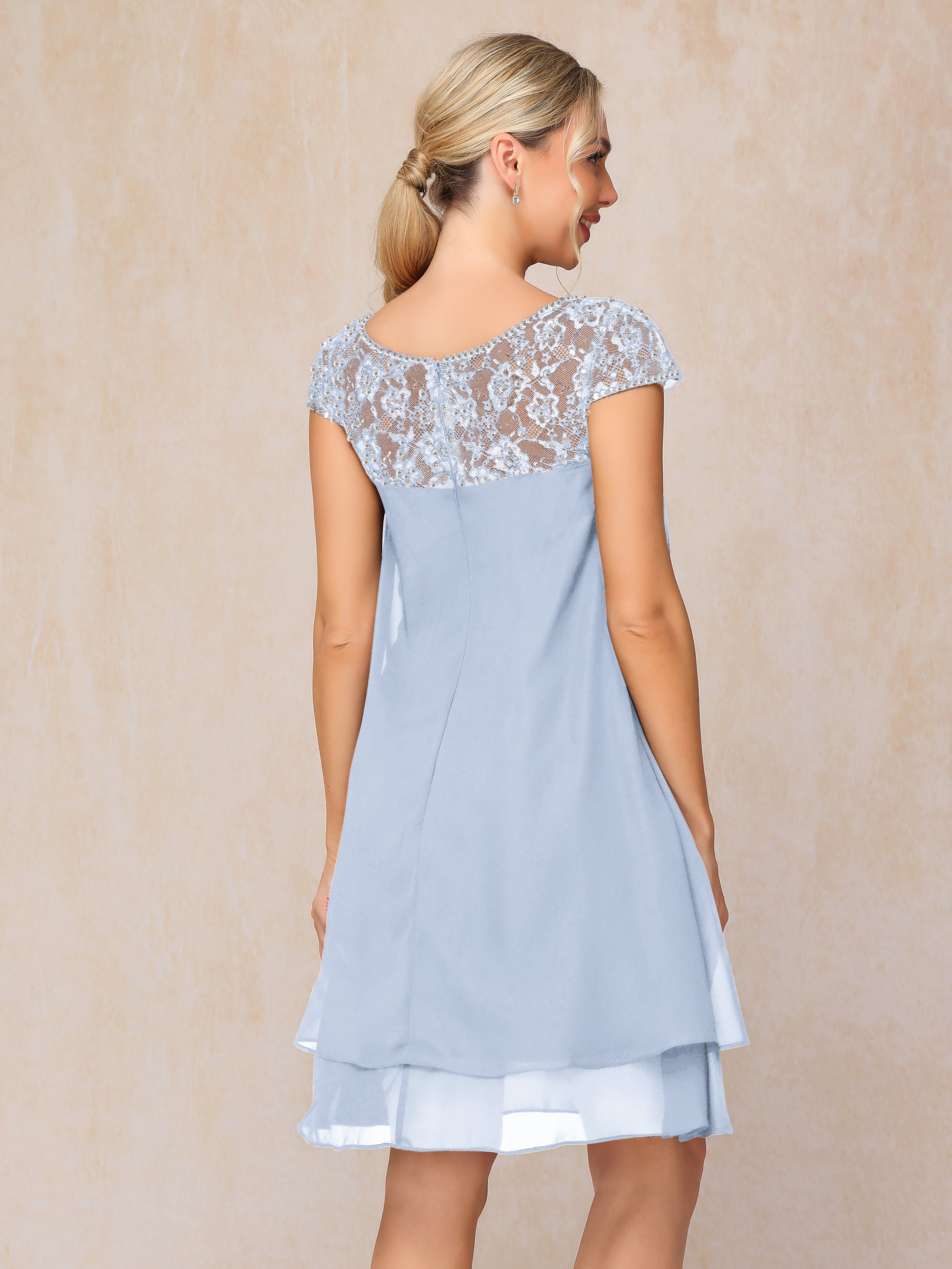 Cap Sleeves Beading Knee Length Chiffon Lace Mother Of The Bride Dress