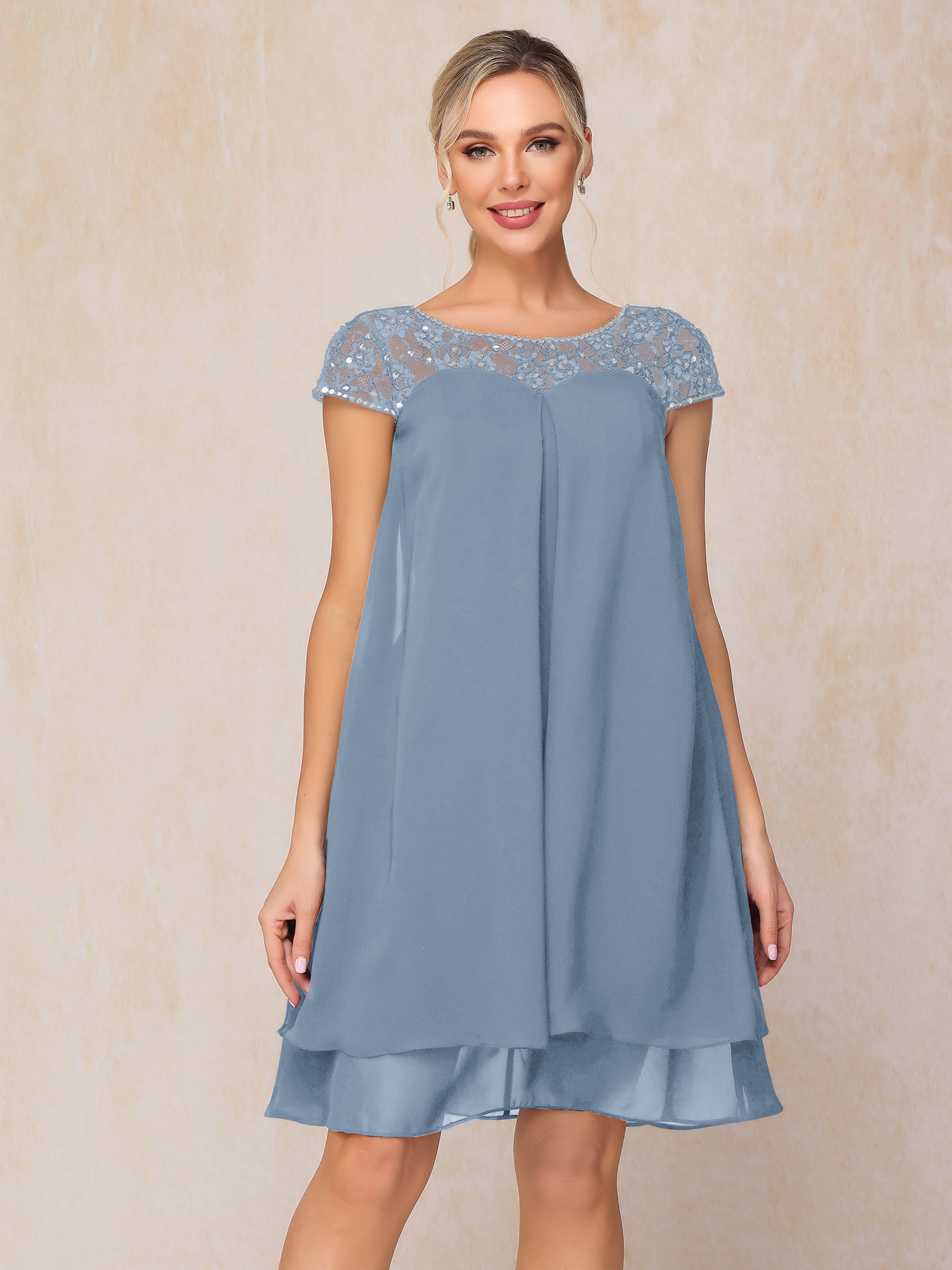 Cap Sleeves Beading Knee Length Chiffon Lace Mother Of The  Groom Dress