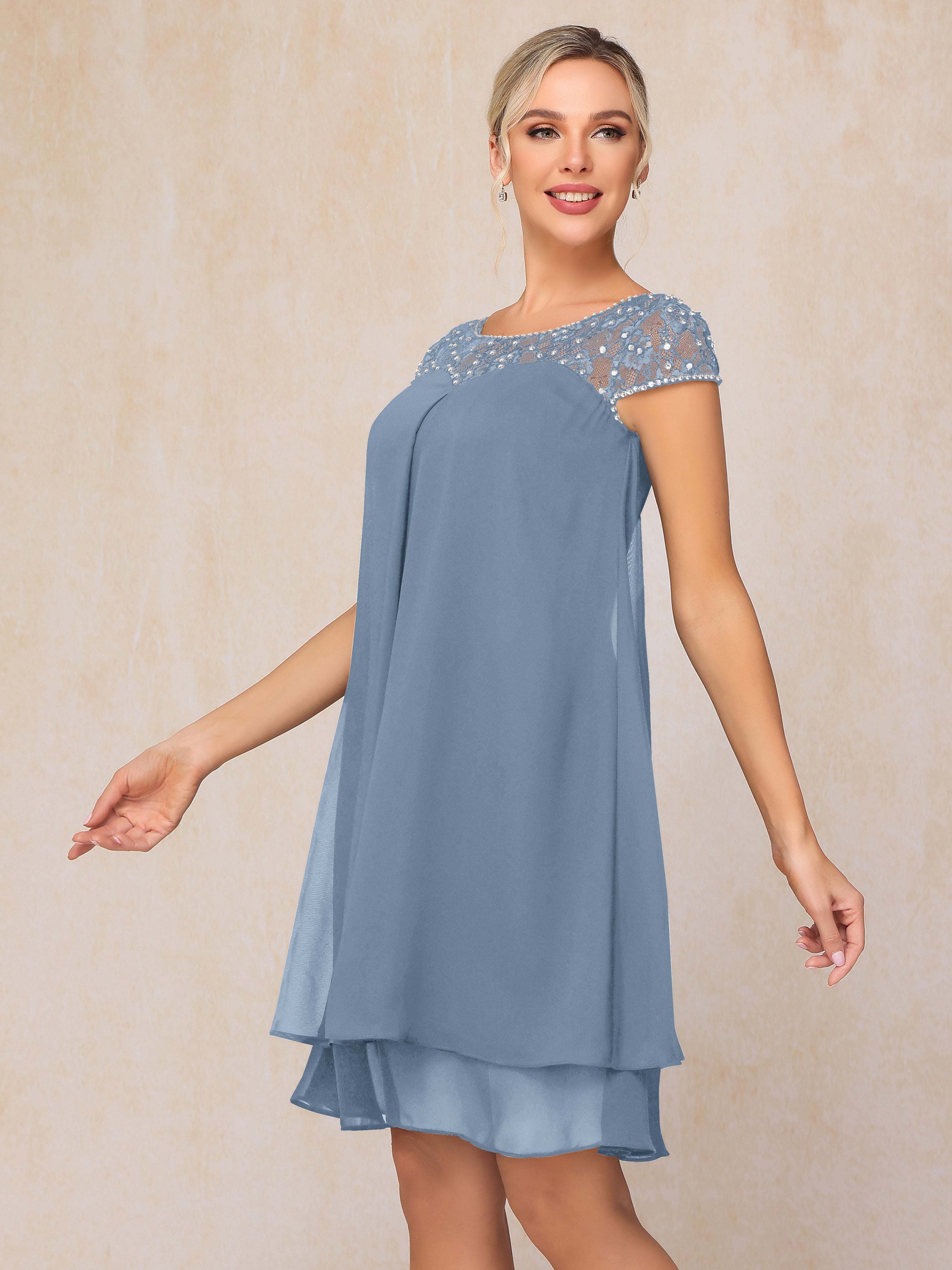 Cap Sleeves Beading Knee Length Chiffon Lace Mother Of The  Groom Dress