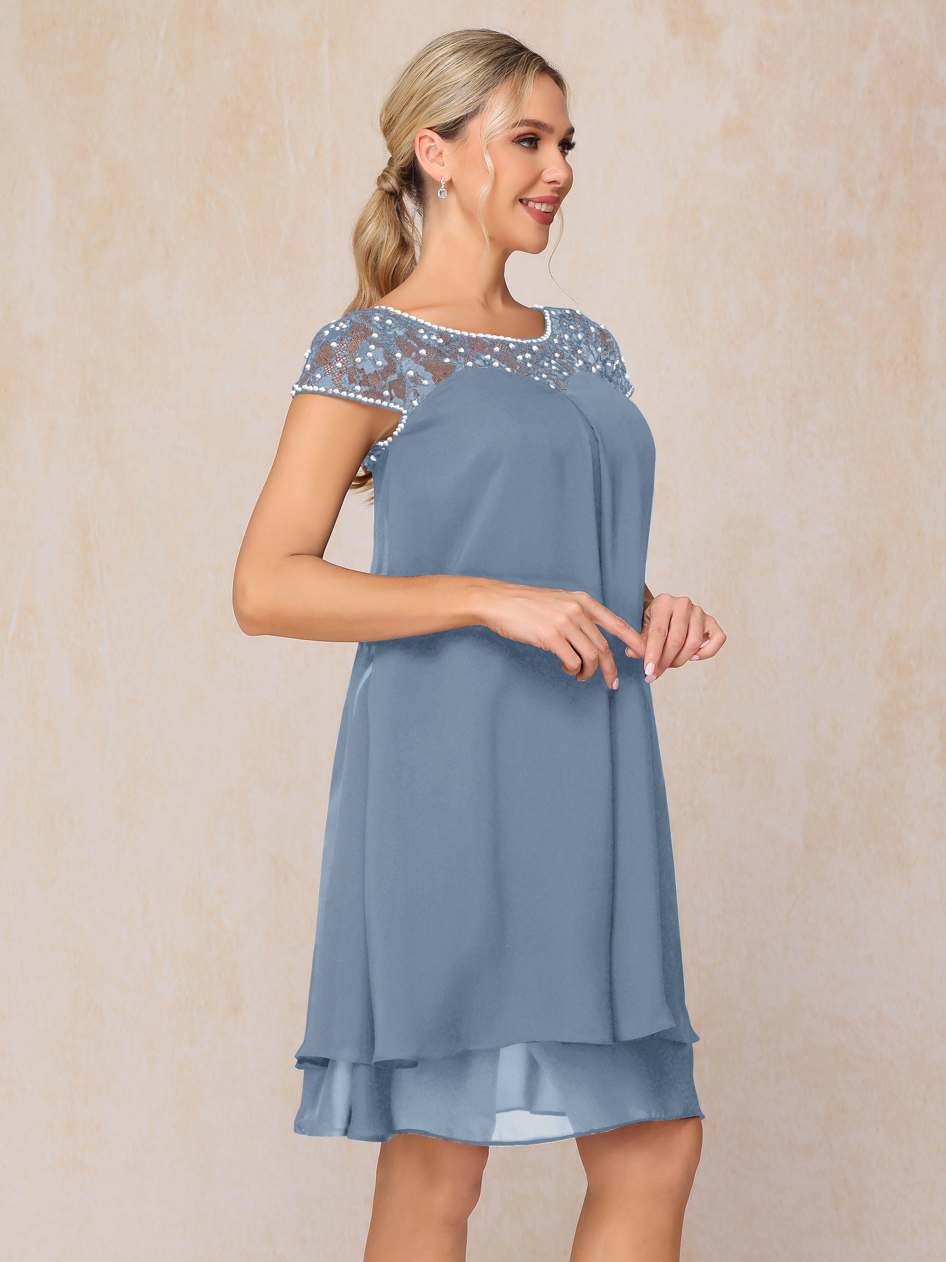 Cap Sleeves Beading Knee Length Chiffon Lace Mother Of The Bride Dress