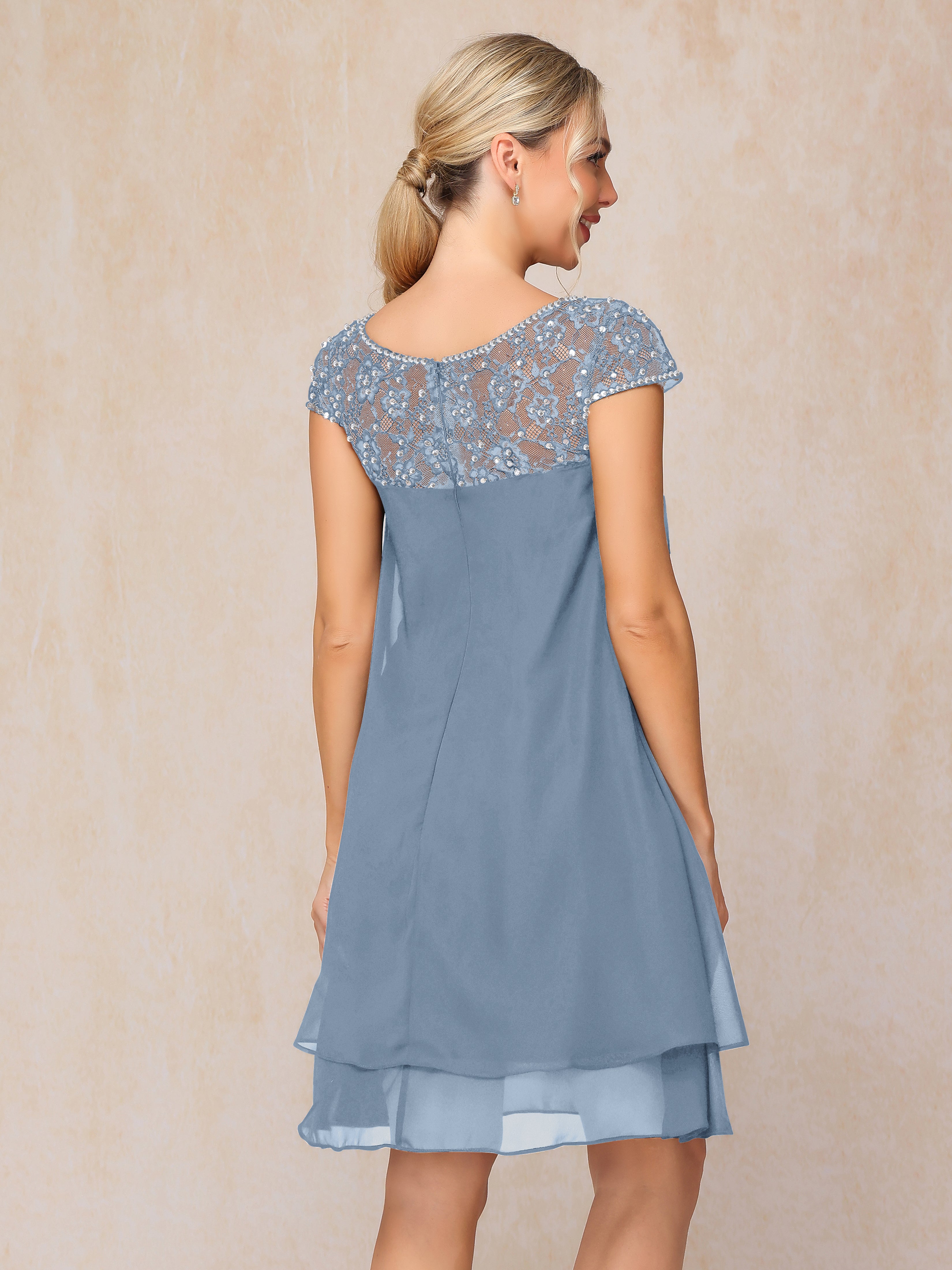 Cap Sleeves Beading Knee Length Chiffon Lace Mother Of The Bride Dress