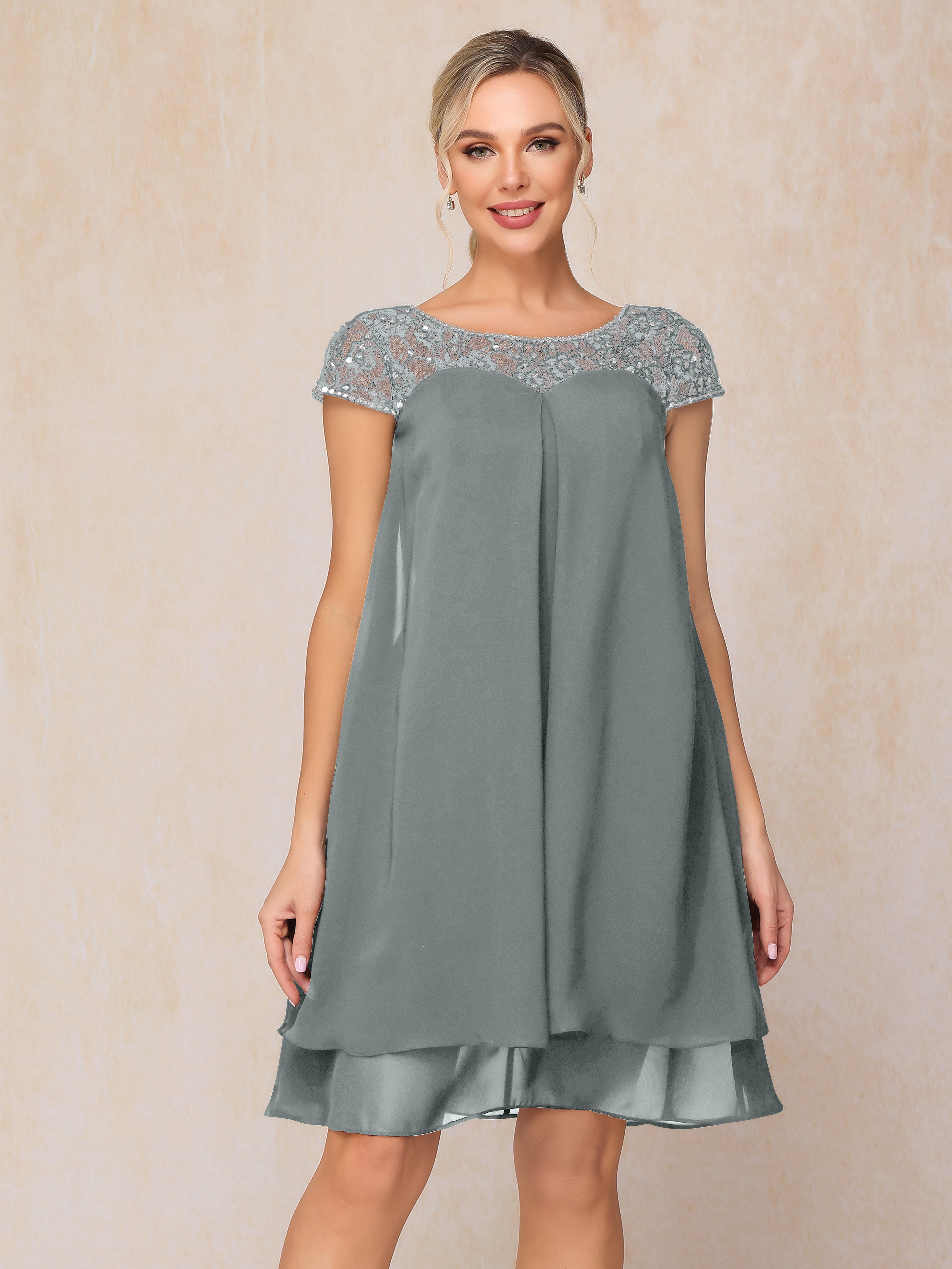 Cap Sleeves Beading Knee Length Chiffon Lace Mother Of The  Groom Dress