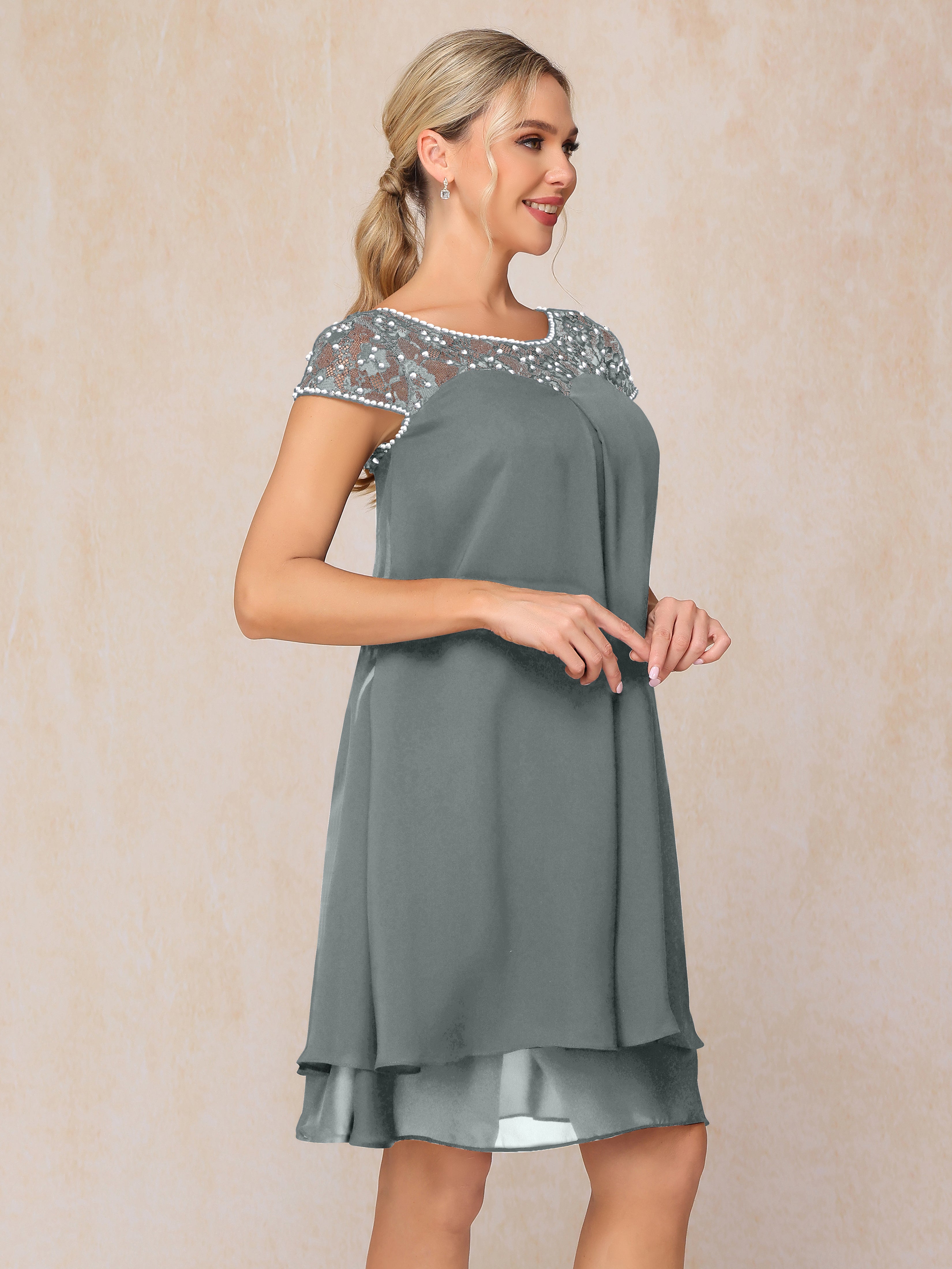 Cap Sleeves Beading Knee Length Chiffon Lace Mother Of The Bride Dress