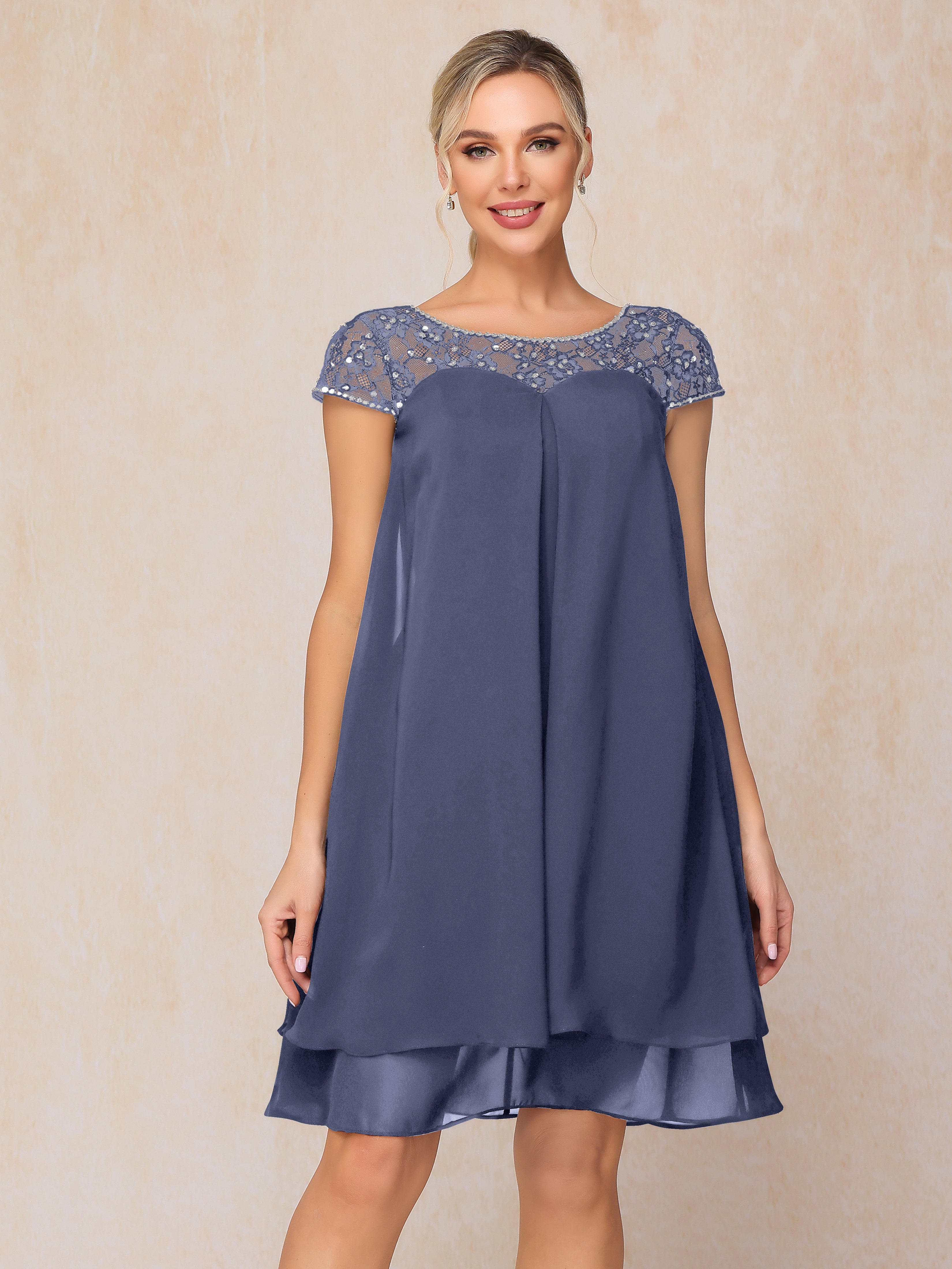 Cap Sleeves Beading Knee Length Chiffon Lace Mother Of The  Groom Dress